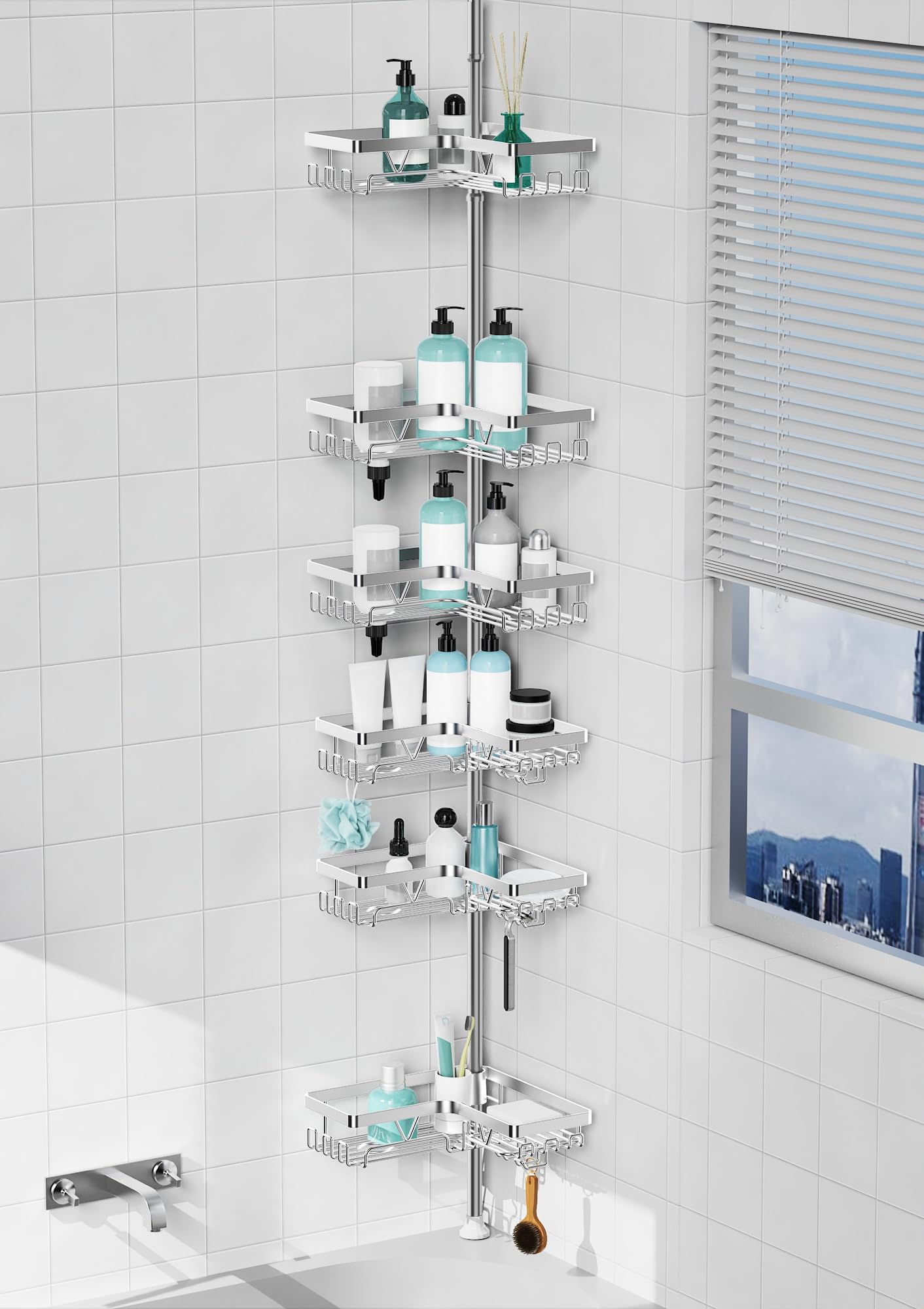 Kegii 6-Tier Telescopic Shower Caddy Corner, Corner Shower Caddy Adjustable Pole (63.5-290 cm)