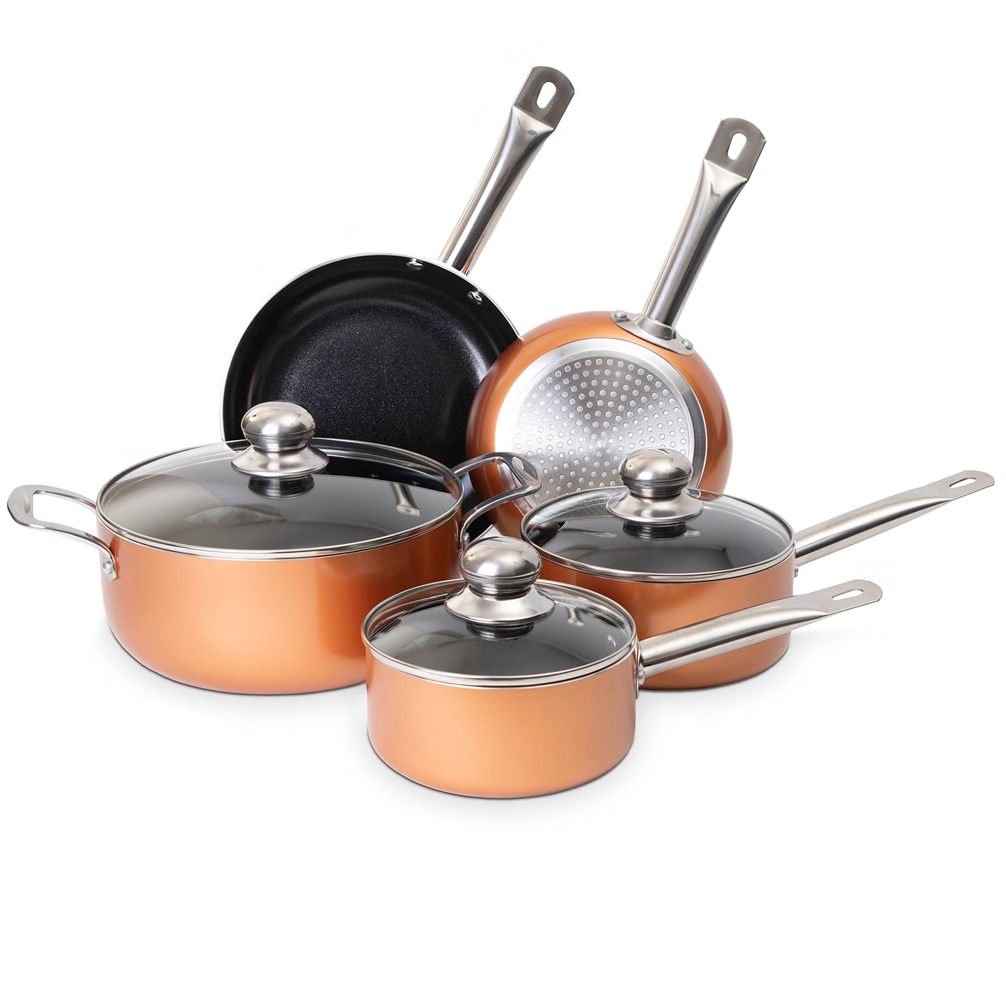 Non Stick Pots and Pans Set  Induction Hob Pots Set  8pcs Kitchen Cookware with Lids  Cooking Copper Saucepan Pots and Frying Pans  by Nuovva