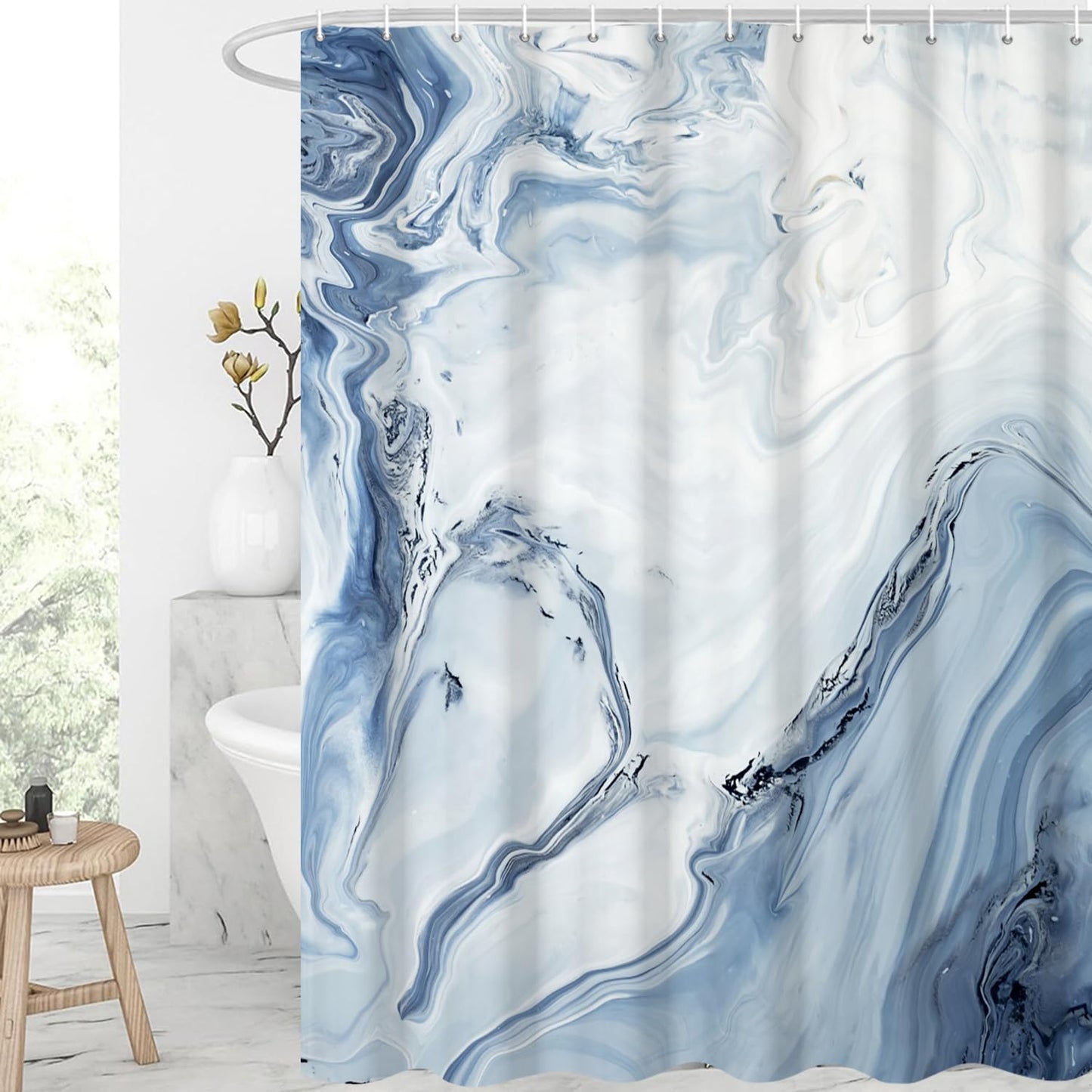 GCIREC Shower Curtain, 180x200cm, Blue White Texture Ink Marble Modern Art Waterproof Fabric Machine Washable Bathroom Curtain with Hooks