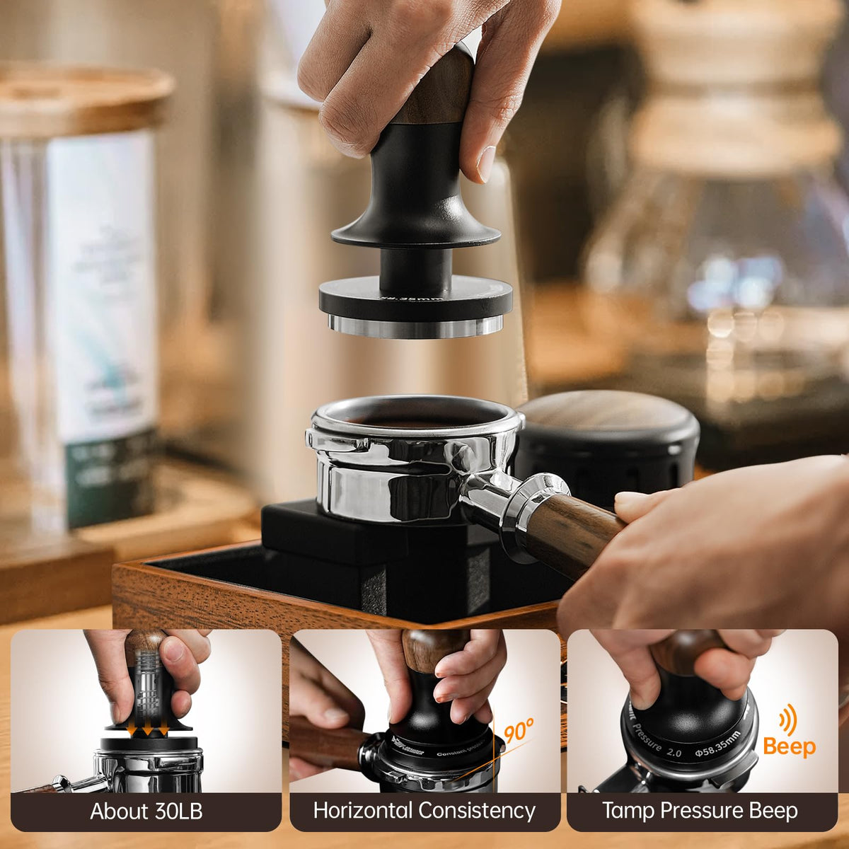 MHW-3BOMBER 54mm Espresso Coffee Tamper with 3 Spring Loaded Calibrated, Espresso Tamper 15/30lbs Espresso Hand Tamper with Sound Feedback, Suitable