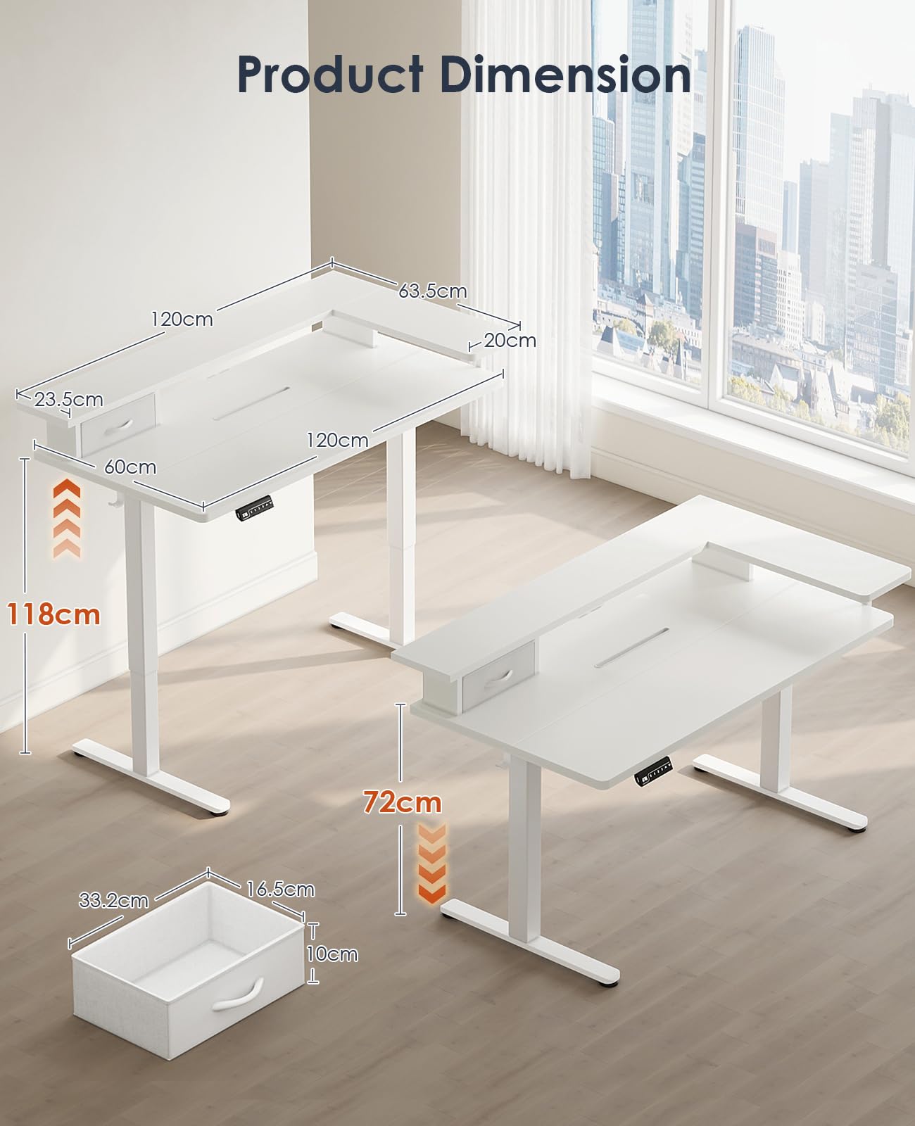 OffiGo Standing Desk with Drawers & Monitor Stand, USB Port, 120cm White