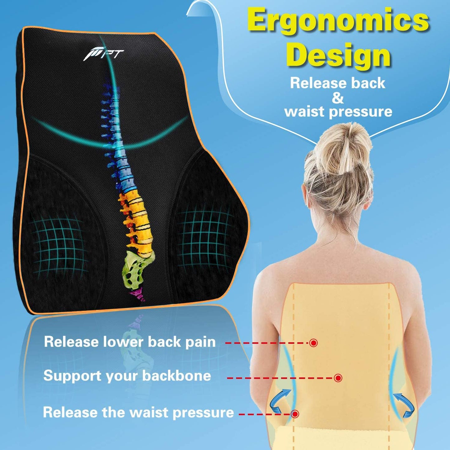 POOTACK Lumbar Support Cushion  Ergonomic Memory Foam Back Pillow for Pain Relief, Lumbar Support for Office Chair, Car Seat, Gaming Chair & Recliner