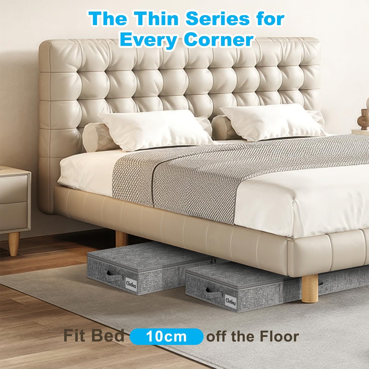 2 Pack Under Bed Storage Box with Lid, 10cm Tall Shallow Underbed Storage Bags with Zip