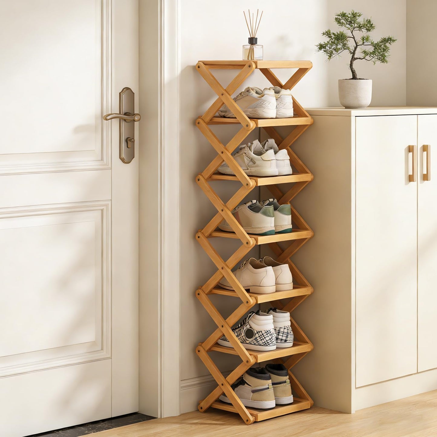 YYW Shoe Rack, Foldable Shoes Organizer Free Standing Shelf for Entryway, Closet, Hallway, Foldable X Shape Multi Tier Shoe Rack (Wood Color,7 Layers)