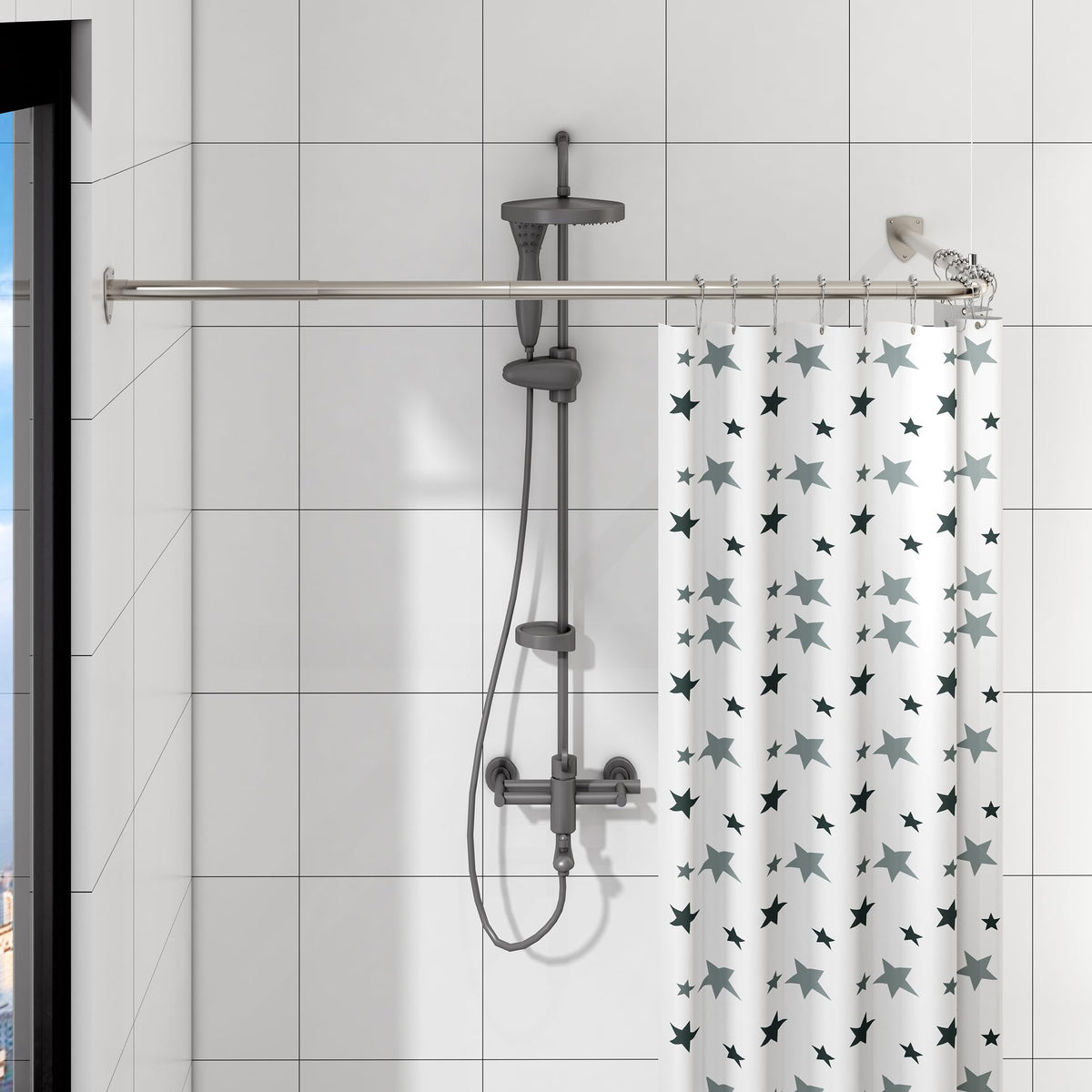 Shower Curtain Pole, L Shaped Shower Curtain Rail, Extendable Shower Curtain Rod for Bathroom, Clothing Store, Stainless Steel with 12 Ring Hooks &