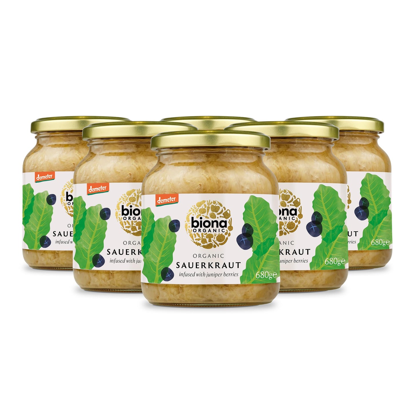 Biona Organic Sauerkraut Multipack 6x680g - Infused with Juniper Berries - Fresh, Naturally Fermented Organic White Cabbage - Pasteurised - High in
