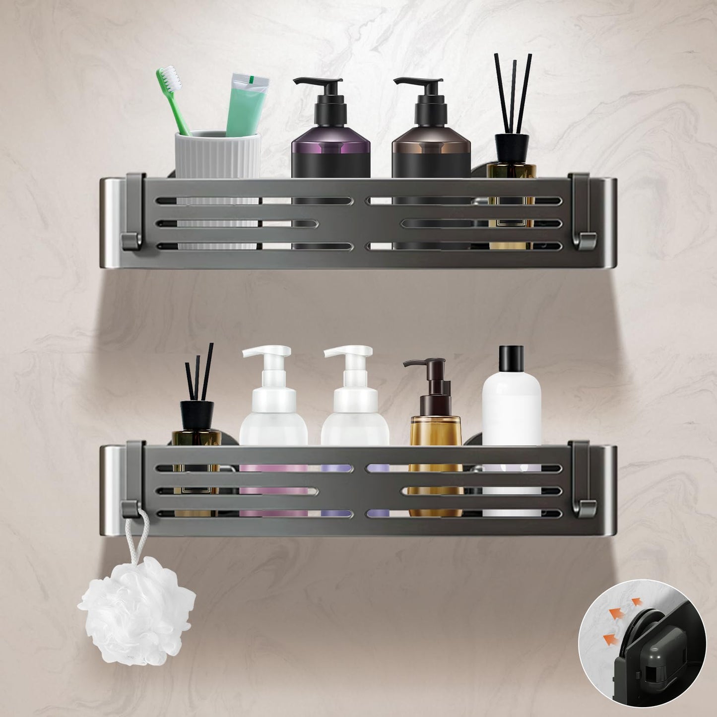 Lekesky Modern Rust Resistant Shower Caddy, 2-Pack Gunmetal Gray Aluminum Suction Cup Shower Shelf No Drilling with 12 Hooks