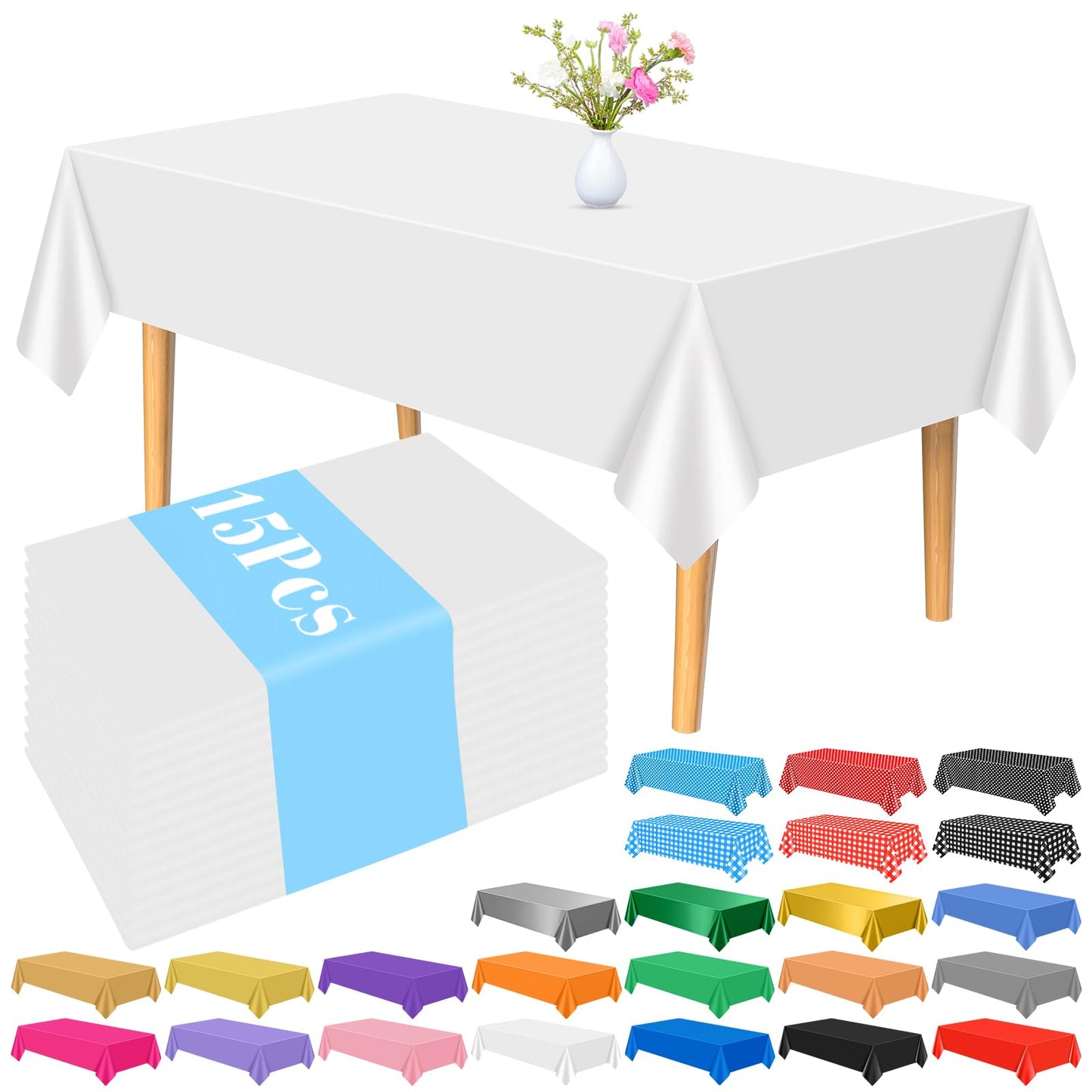 PLULON 15Pcs White Tablecloth Plastic Table Cover 137 x 274cm Rectangle Table Cloth for Graduation Birthday Baby Shower Wedding Party Home Kitchen