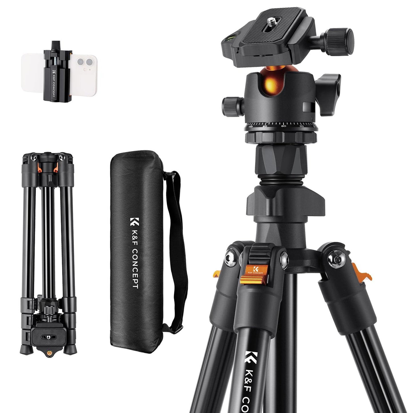 K&F CONCEPT 64inch/163cm Camera Tripod, Lightweight Aluminum Travel Outdoor Tripod with Ball Head Load Capacity 8kg, Phone Holder, for DSLR Cameras
