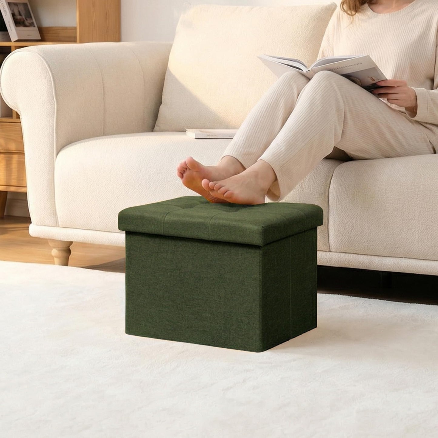 PINPLUS Linen Ottoman Storage Box with Lid, 42x32x32 cm, Olive Green