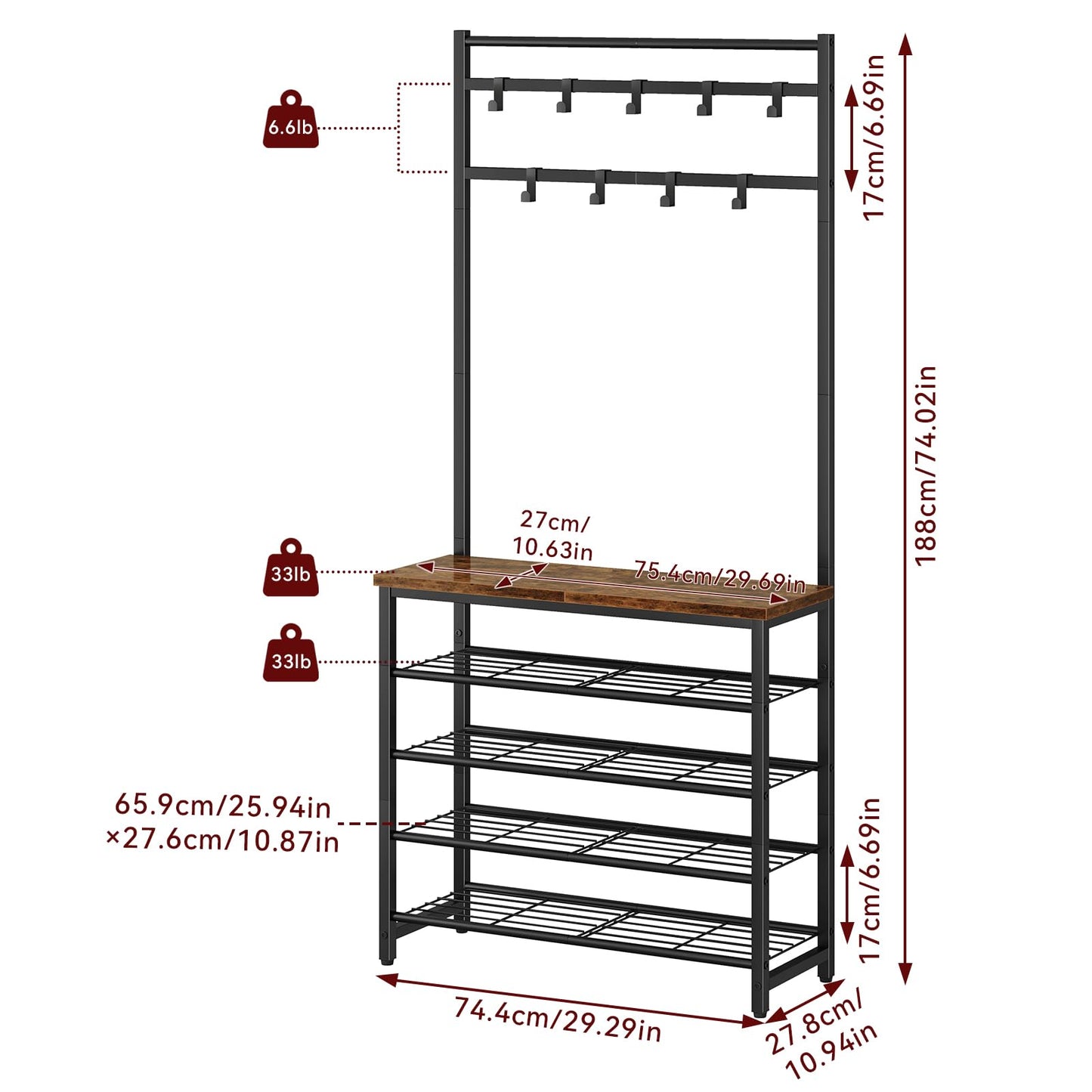 IBUYKE Coat Stand with Shoe Storage, 188cm Coat Rack with Shoe Rack, 5 Tier Shoe Storage Organizer with 9 Movable Hooks for Entryway Hallway Foyer