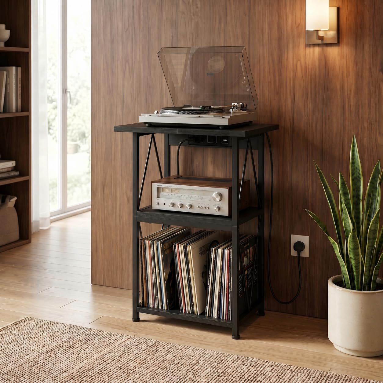 2026 Upgraded Extended Tabletop Record Player Stand with Charging Station, 3 Tier 50x40cm End Table with Vinyl Record Storage