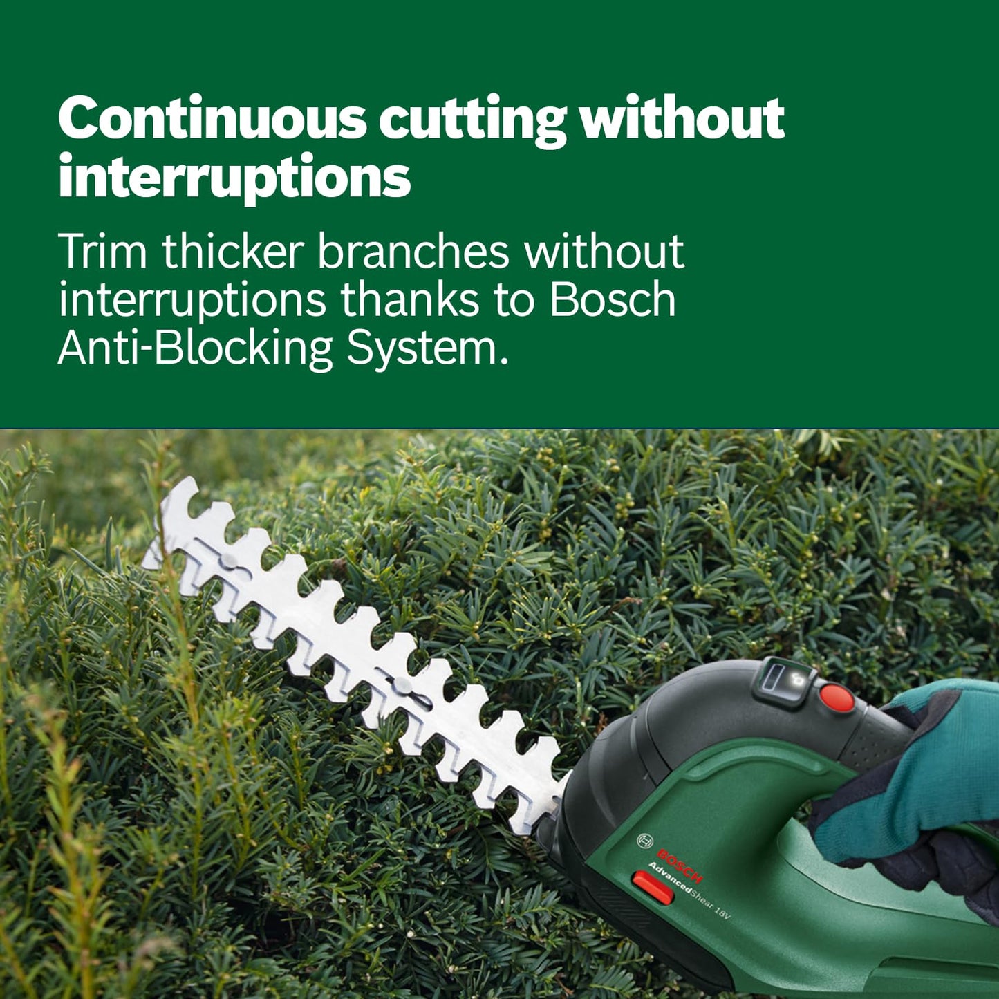 Bosch Cordless AdvancedShear 18V-10 (Without, 18 Volt System, cuts up to 85 m? per Battery Charge, with Shrub and Grass Shear Blades, in Carton