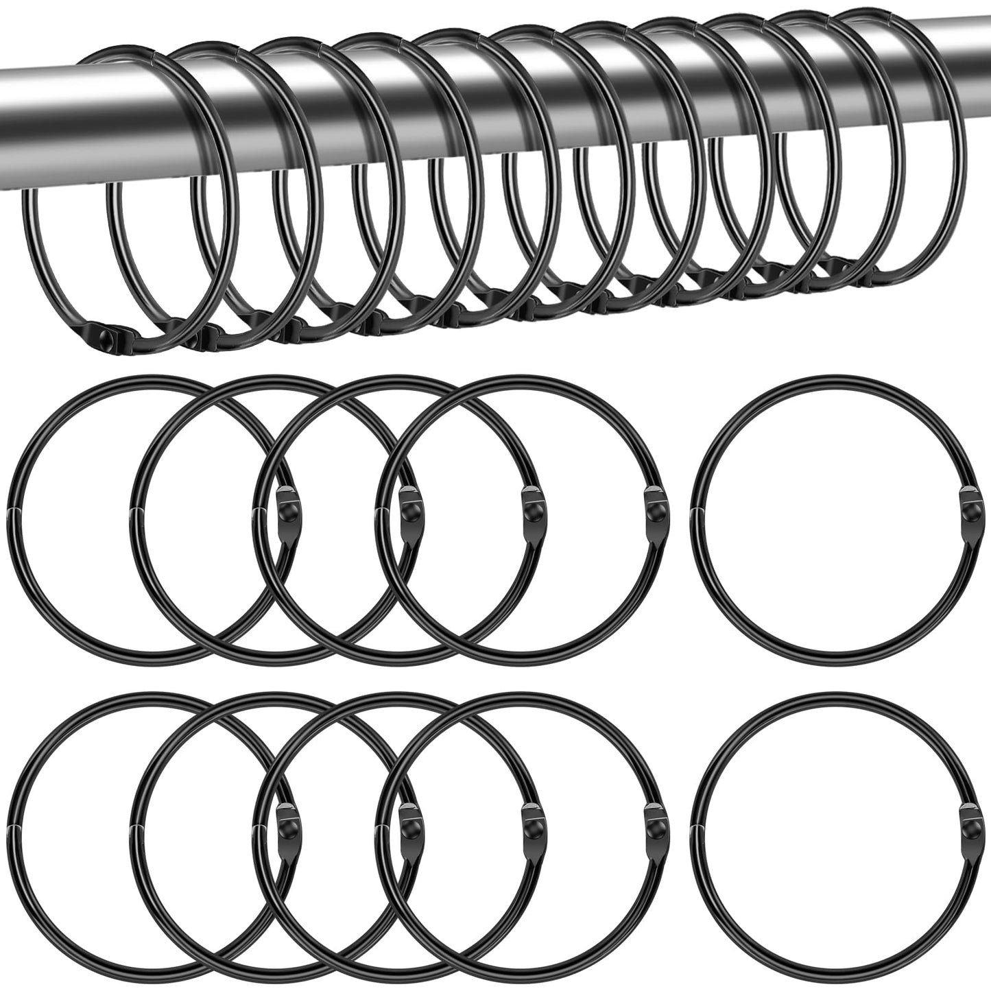 Lunhoo 20-Pack 50 mm Shower Curtain Rings, Shower Curtain Hooks, Multi-Purpose Round Clips, Large Metal Binder Ring, Key Ring (Black)