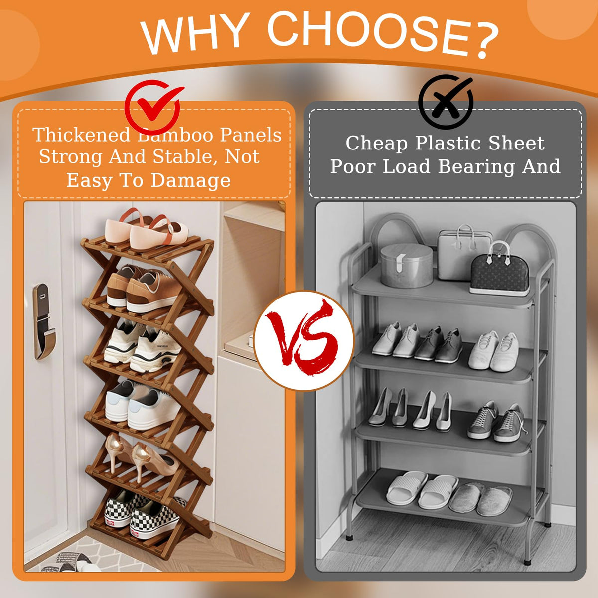 Kiss Me 6-Tier Bamboo Foldable Shoe Rack, Vertical, Space-Saving, Brown