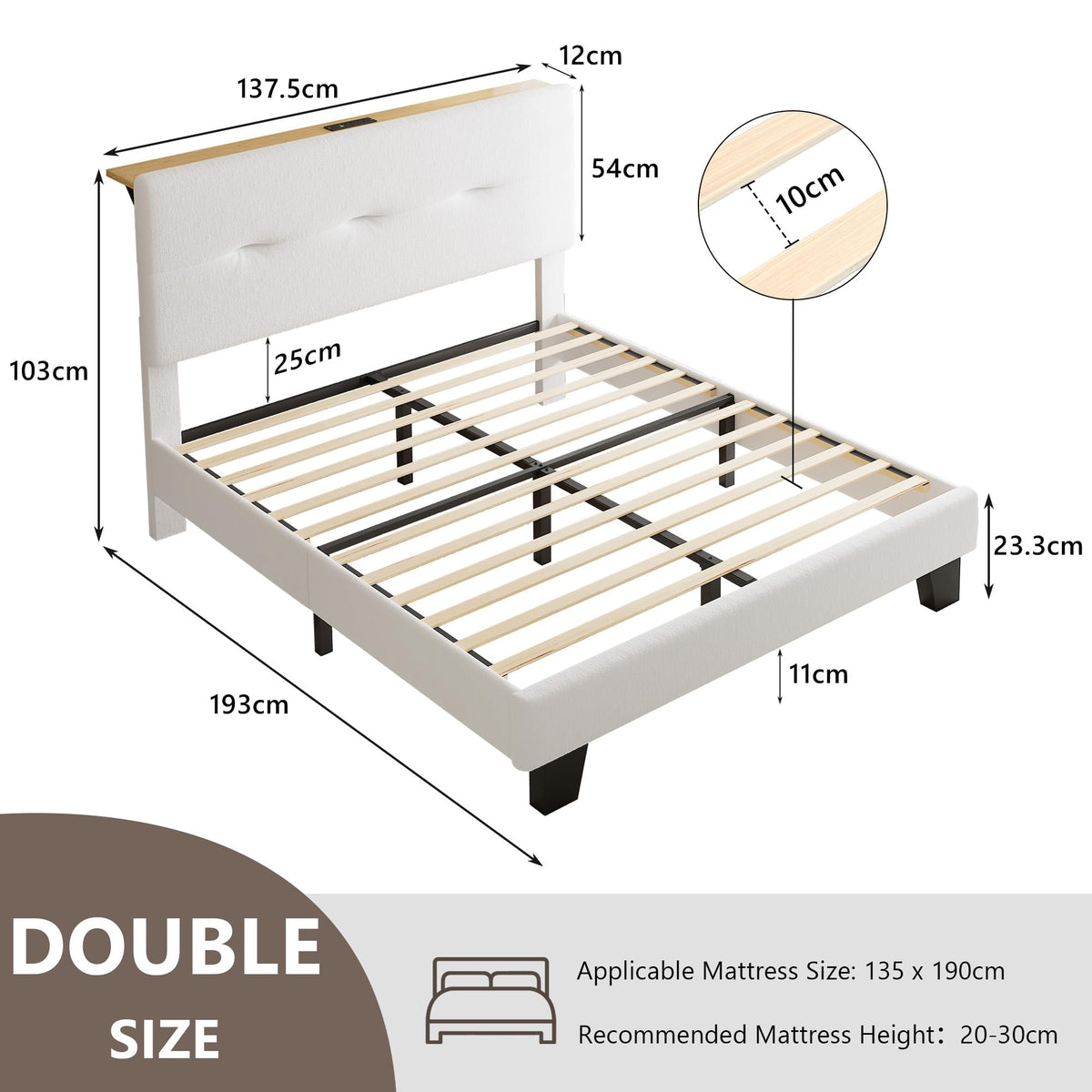 Feonase 4ft Double Bed Frame with Storage Velvet Headboard, Upholstered Bedframe double bed with Charging Station, Sturdy Wooden Slat Support