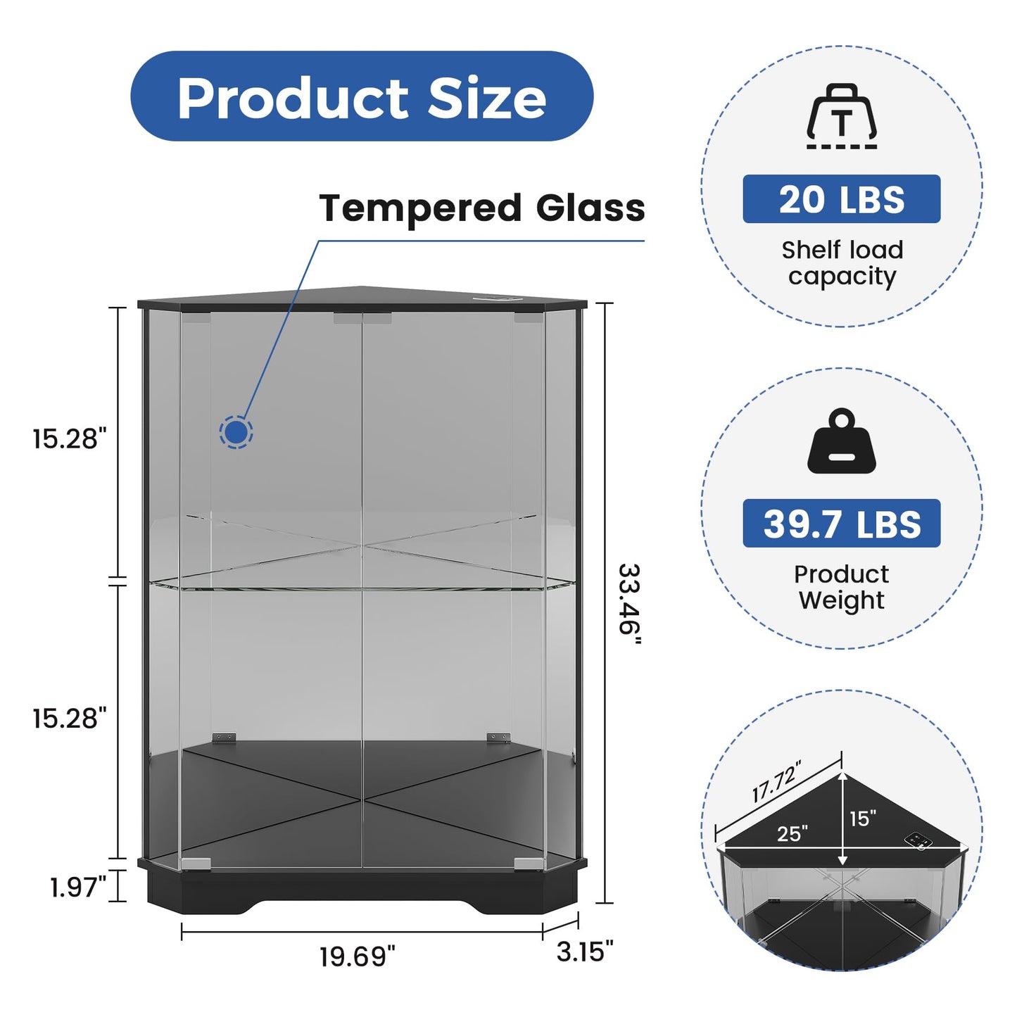 FREDEES Corner Display Cabinet with Glass Doors for Living Room, Black