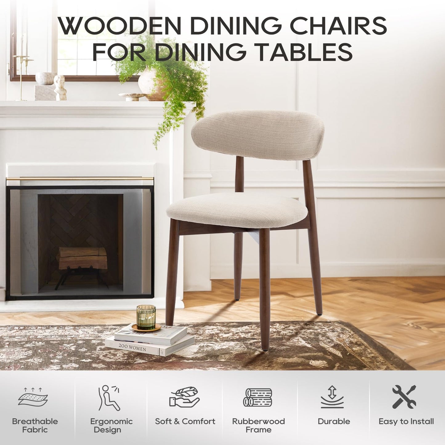 COLAMY Wooden Dining Chairs Set of 6, Modern Fabric Upholstered Kitchen Side Chairs, Farmhouse Dining Room Chair with Foot Pegs, Beige