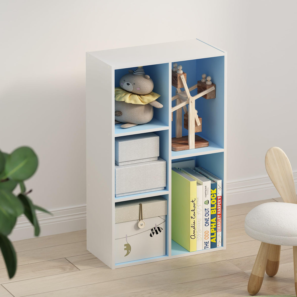 Furinno TOMI Book Shelf, 5-Cube Bookshelf, Reversible Bookcase, 23.88 x 49.53 x 80cm, for Living Room, Bedroom, Home Office, Light Blue