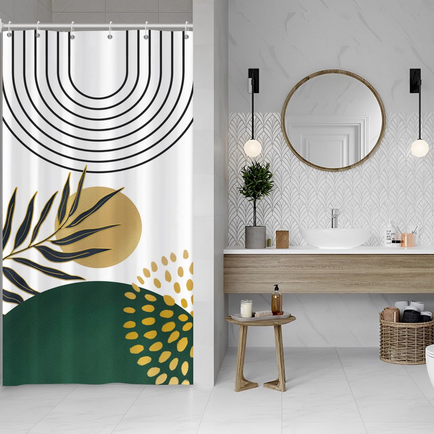 ASDCXZ Boho Shower Curtain 90x180 cm, Modern Abstract Art Black Gold Leaves Sun White Bath Washable Narrow Shower Curtains Polyester Textile