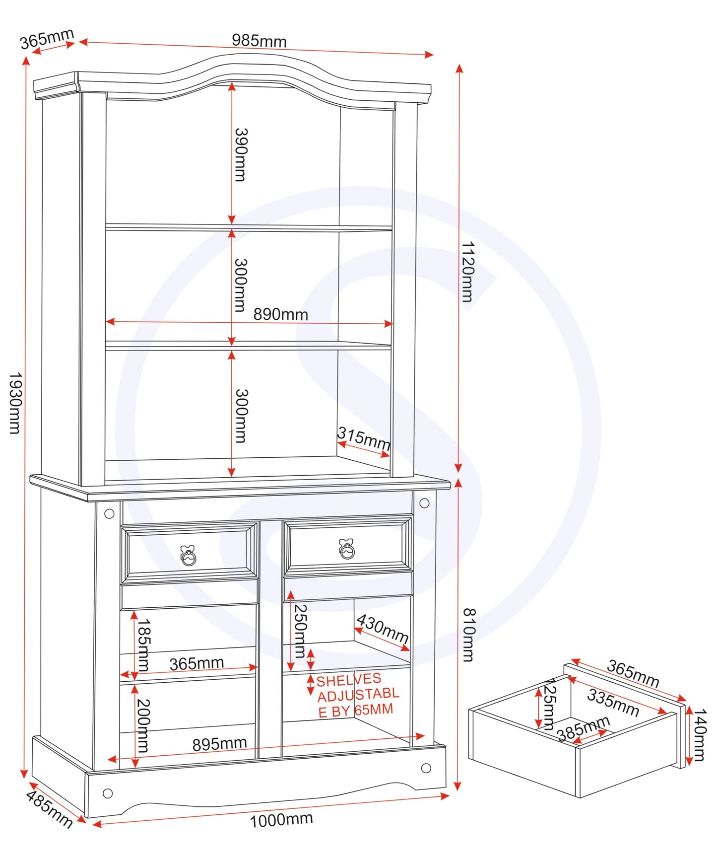 Seconique Corona 3' Buffet Hutch in Distressed Waxed Pine/Glass