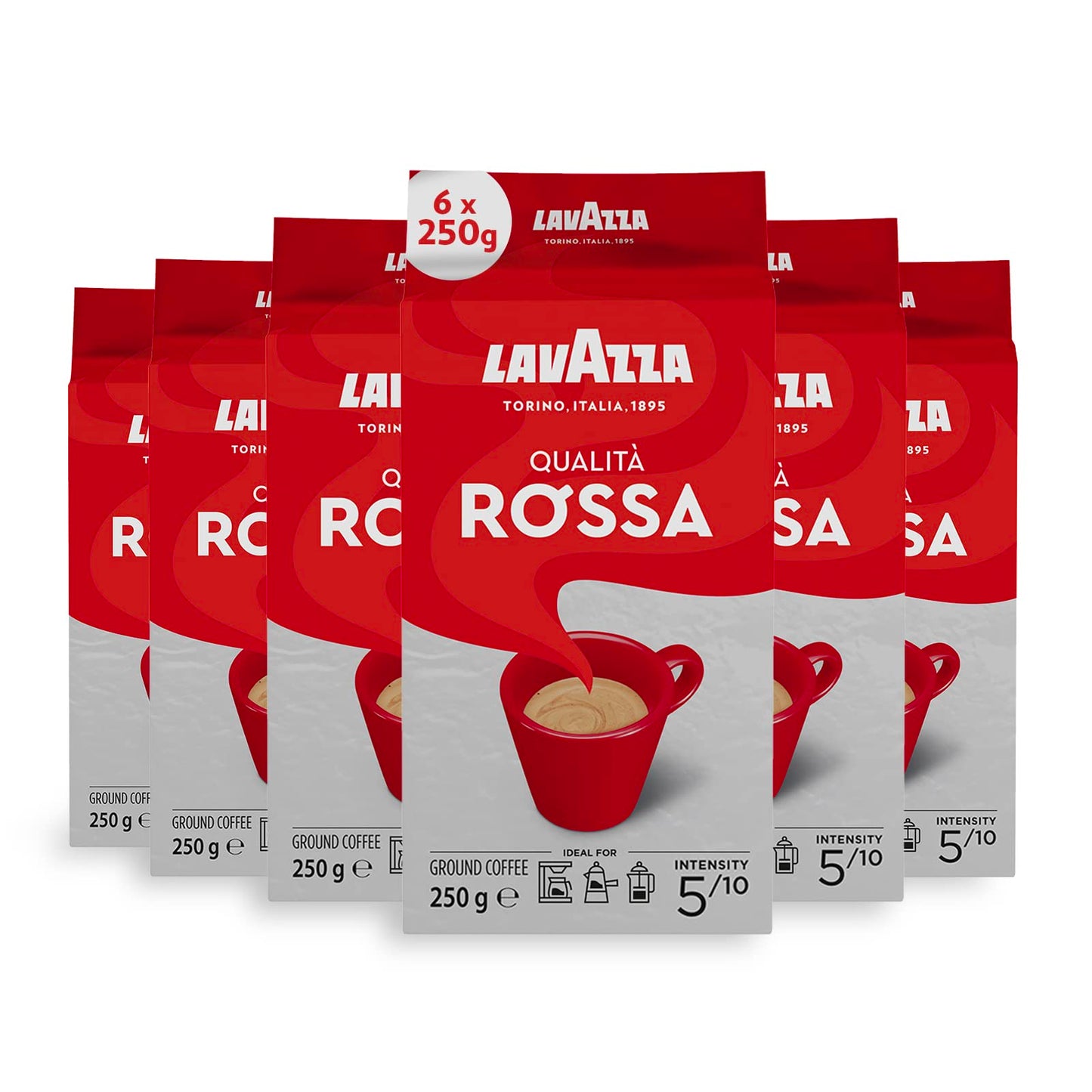 Lavazza, Qualit? Rossa, Ground Coffee, 6 x 250 g, Ideal for Moka Pots, with Aromatic Notes of Chocolate and Dried Fruits, Arabica and Robusta,