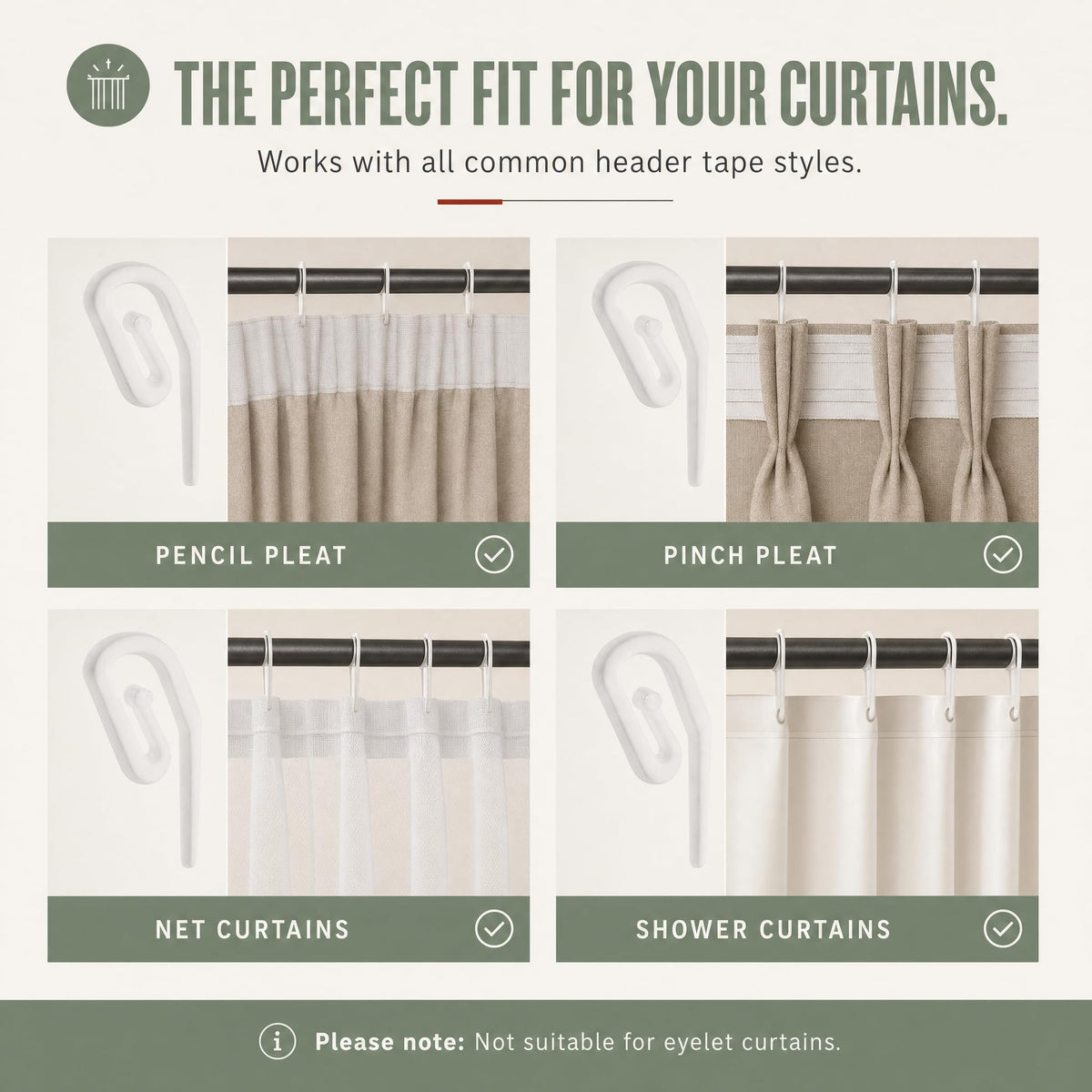 White Plastic Curtain Hooks for Pencil Pleat, Track & Window - 50 Pack