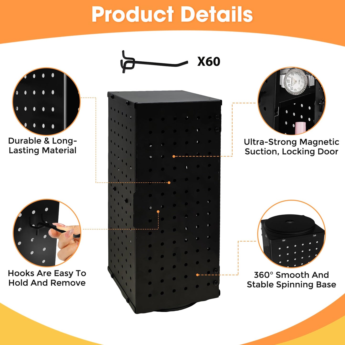 360° Rotating Peg Board Display Stand with 60 Hooks, Jewelry Stand (Black)