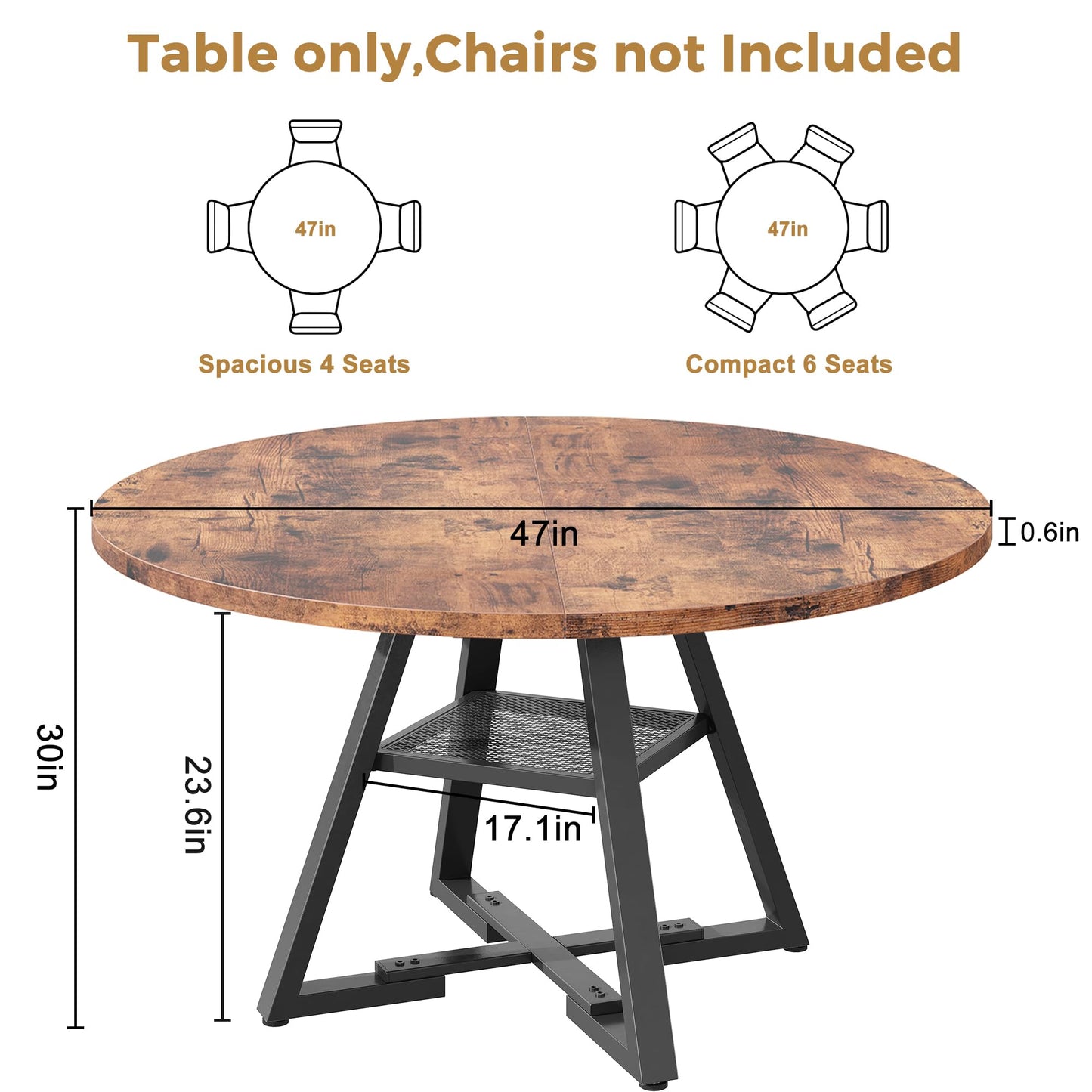 Jocoevol Round Dining Table for 4 People, Circle Dinner Table with Shelves, Space Saving Wood Kitchen & Dining Room Furniture (Vintage, 47 inch