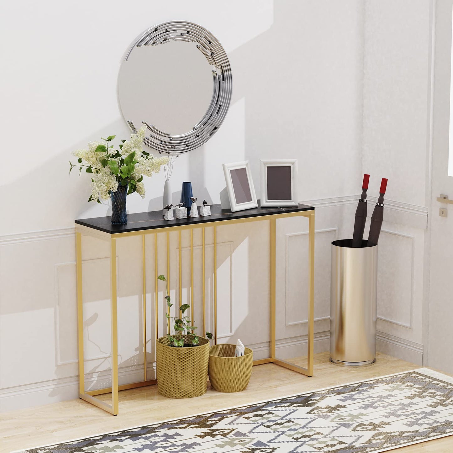Fativo 100cm Long Hallway Console Table, Sintered Stone Black Marble Top