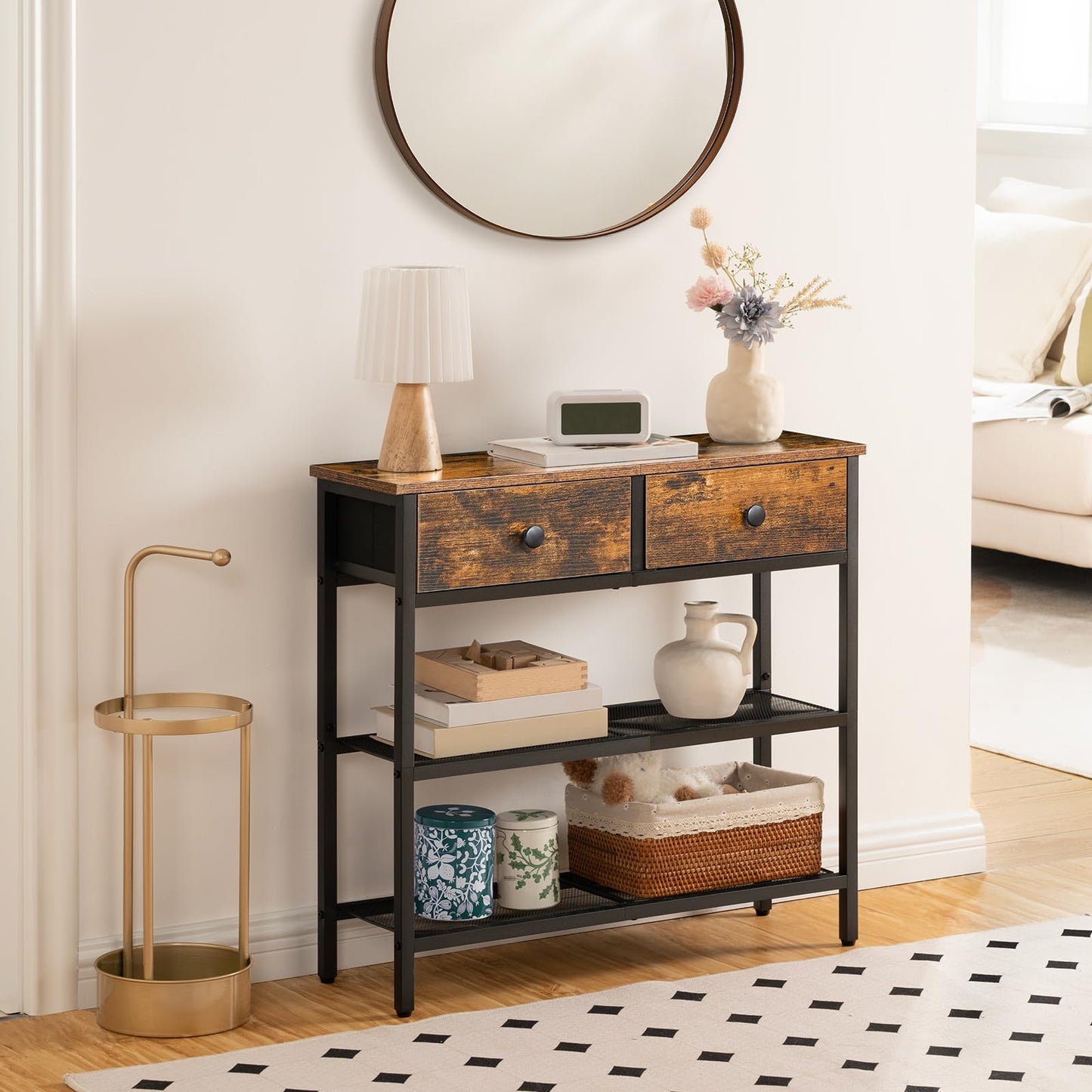 HOOBRO Console Table, Slim Console Table with 2 Non-woven Drawers, Hallway Table with Storage, Slim Sofa Table for Small Spaces, Living Room, Rustic