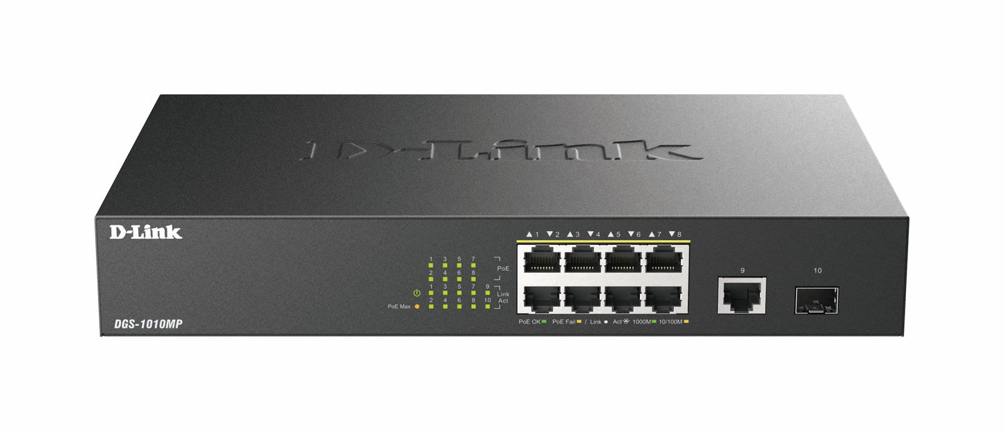 D-Link DGS-1010MP/M 10 Port Gigabit Max PoE Switch, 8 Gigabit 30W PoE+ ports, 125W power Budget, SFP Fibre Uplink, Fanless, Silent, Power Saving,
