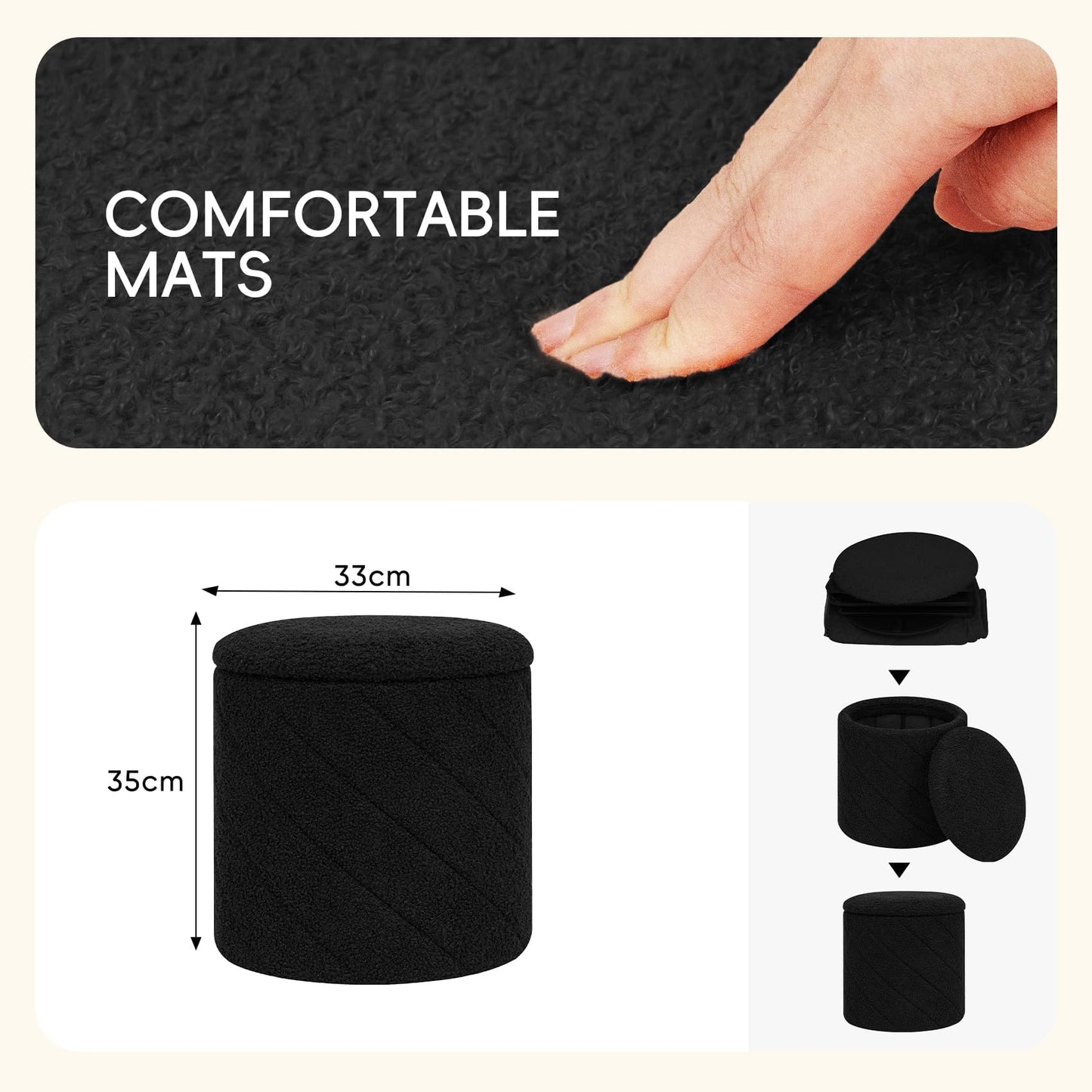 PINPLUS Round Ottoman Storage Box, Folding Stool, Black, 33x33x35 cm