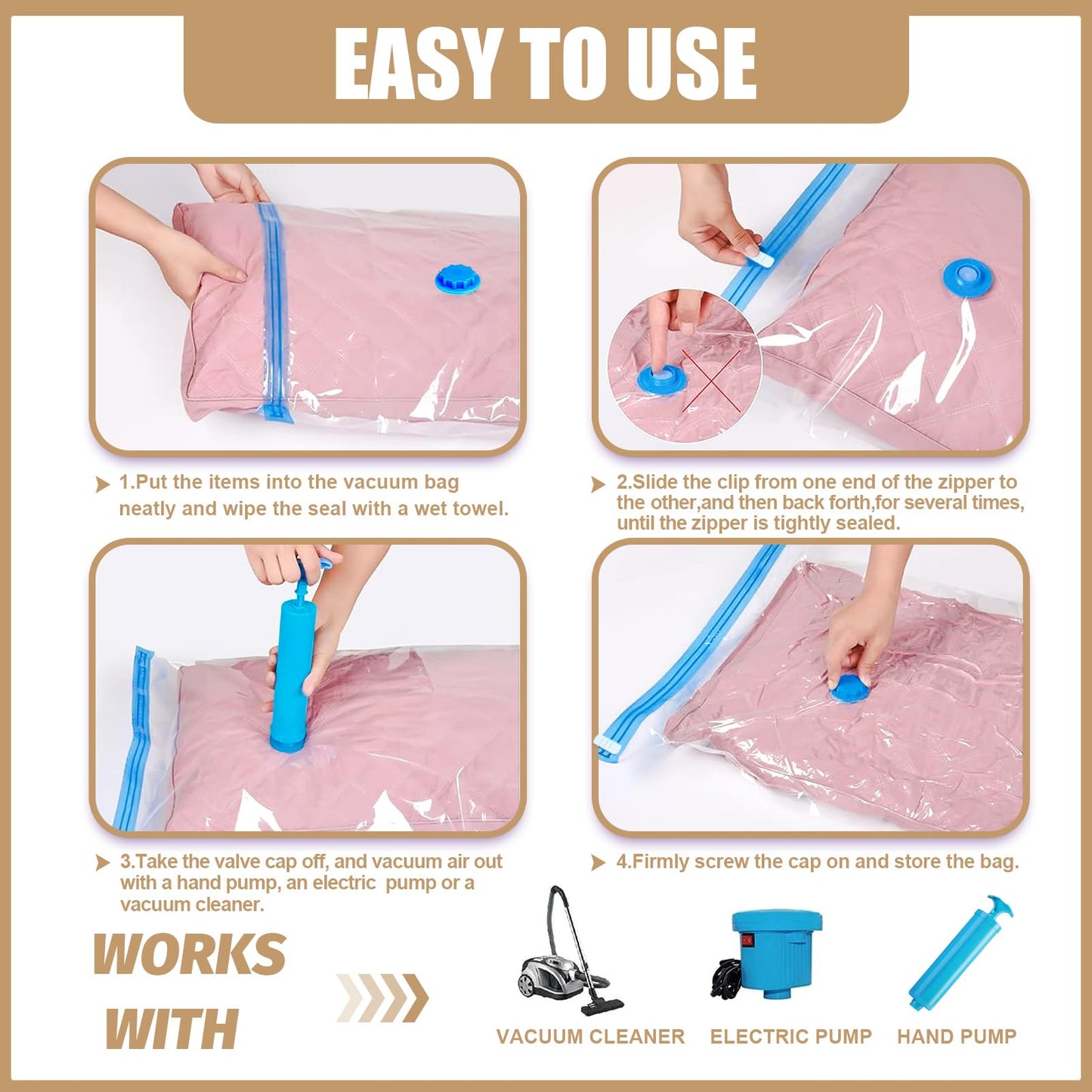 Space Saver Bags, Pack of 7 Medium Vacuum Storage Bags, Compressed Sealer Bags Storage for Clothes, Comforters, Beddings and Blankets with Hand Pump