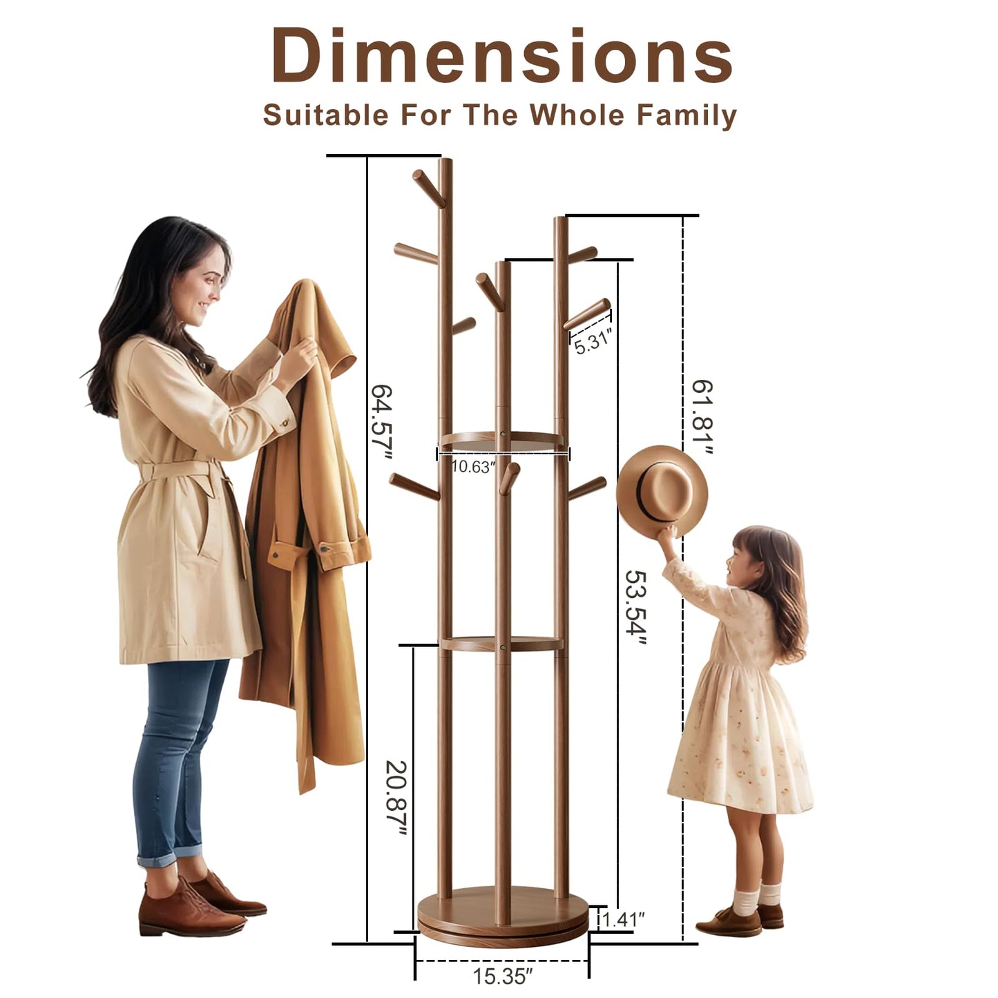AQIMUELE Coat Stand, Wooden Coat Rack Stand with 3 Storage Shelves and 9 Hooks, Freestanding - Rotatable Coat Hanger Stand