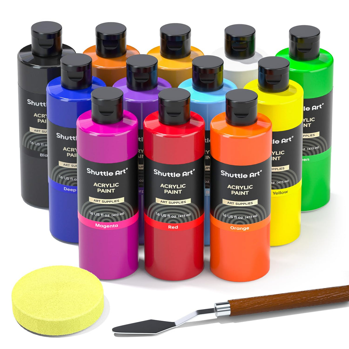 Shuttle Art Acrylic Paint Set, 12 Colours Acrylic Paint Bottle Set (473ml/16oz), Rich Pigmented Acrylic Paints, Bulk Painting Supplies for Artists,