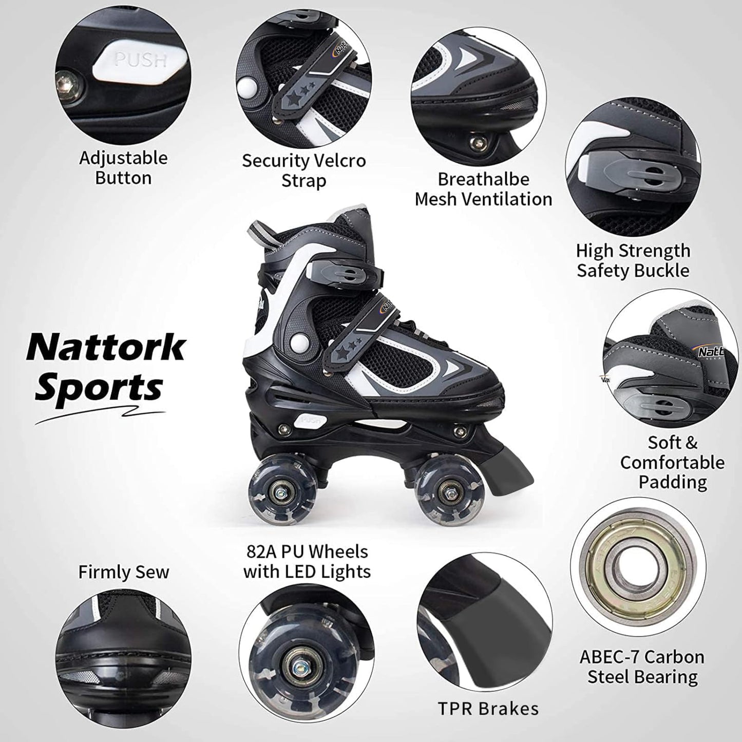 Nattork Kids Roller Skates for Boys Girls, 4 Sizes Adjustable Roller Skates with All Light up Wheels, Full Protection for Children's Indoor Outdoor