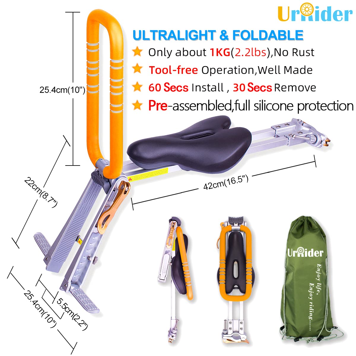UrRider Child Bike Seat, Front Mount Kids Bike Seat,Fits Most Mountain Bikes, Portable, Tool-Free, Quick-Release,ultra-light, Toddler Bike Seat for