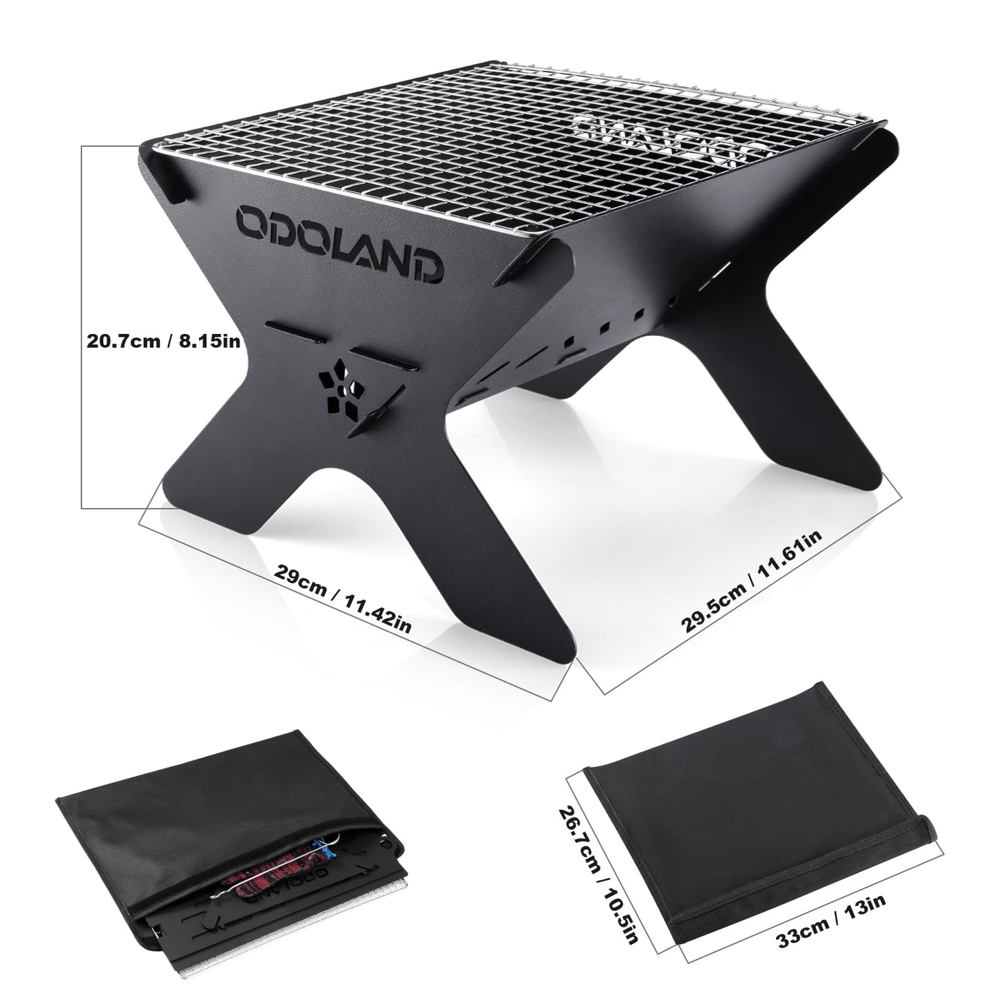 Odoland Camping Fire Pit, Portable Fire Pit for Camping, 2 in 1 Wood Burning Fire pit Grill with Detachable Cooking Grate for Outdoor BBQ, with Carry
