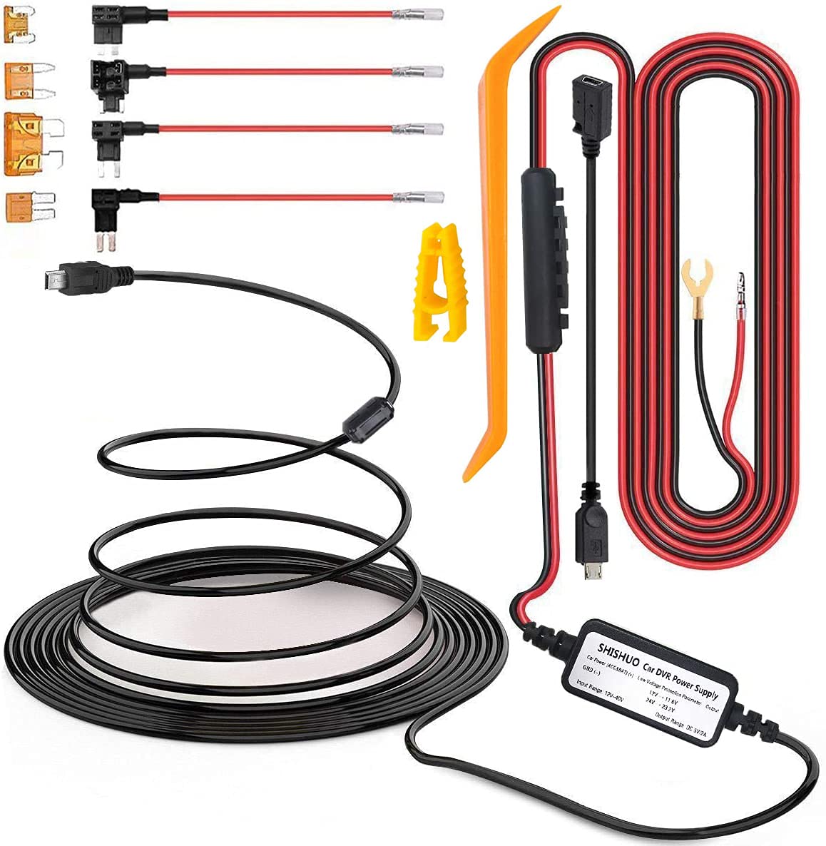 SHISHUO Dash Cam Hardwire Kit - Mini USB and Micro USB Port 4m Cable with 4 Fuse Types LP Mini, Mini, ATO, Micro2, 12V to 24V Input, 5V Output for