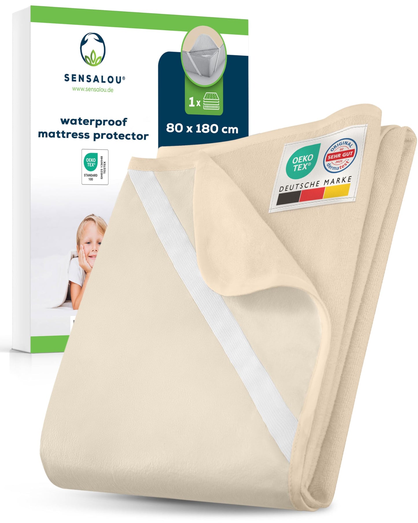 Sensalou Waterproof Mattress Protector 80 x 180 cm Beige – Mattress Cover for Single Bed