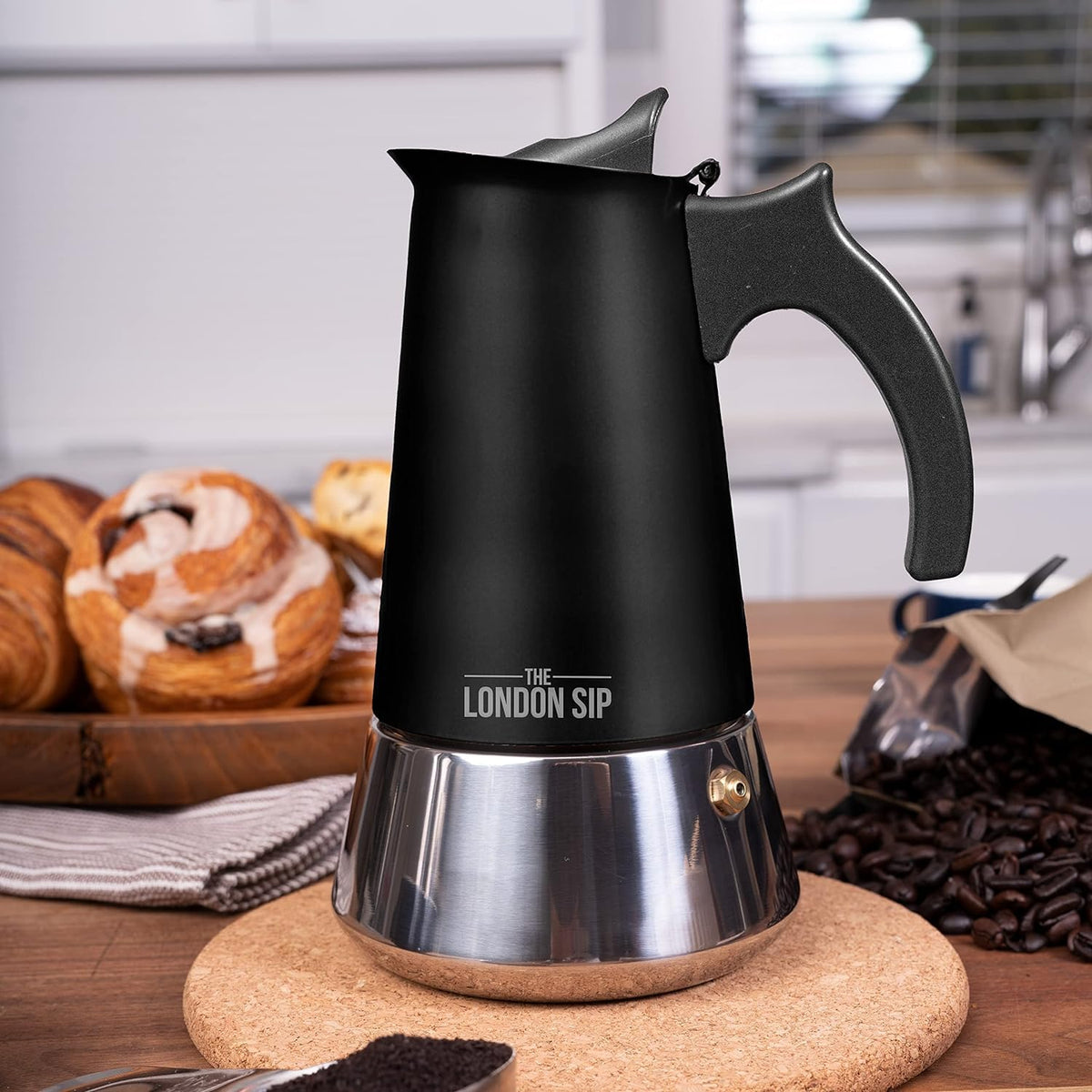 The London Sip Moka Pot, Stovetop Coffee Maker, Italian Style Espresso Maker, Stainless Steel, Induction Compatible, Modern Chrome, Black, 6 Cup (300