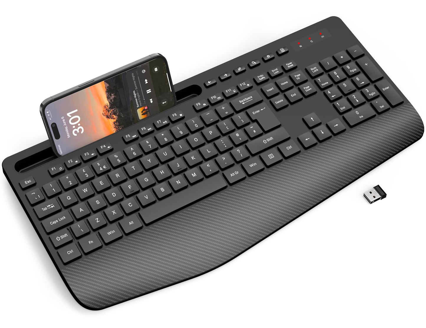 Wireless Keyboard with Wrist Rest, Full-size Ergonomic Keyboards with Phone Holder, Sleep Mode, 18 Multimedia Keys, Numeric Keypad, Silent 2.4GHz