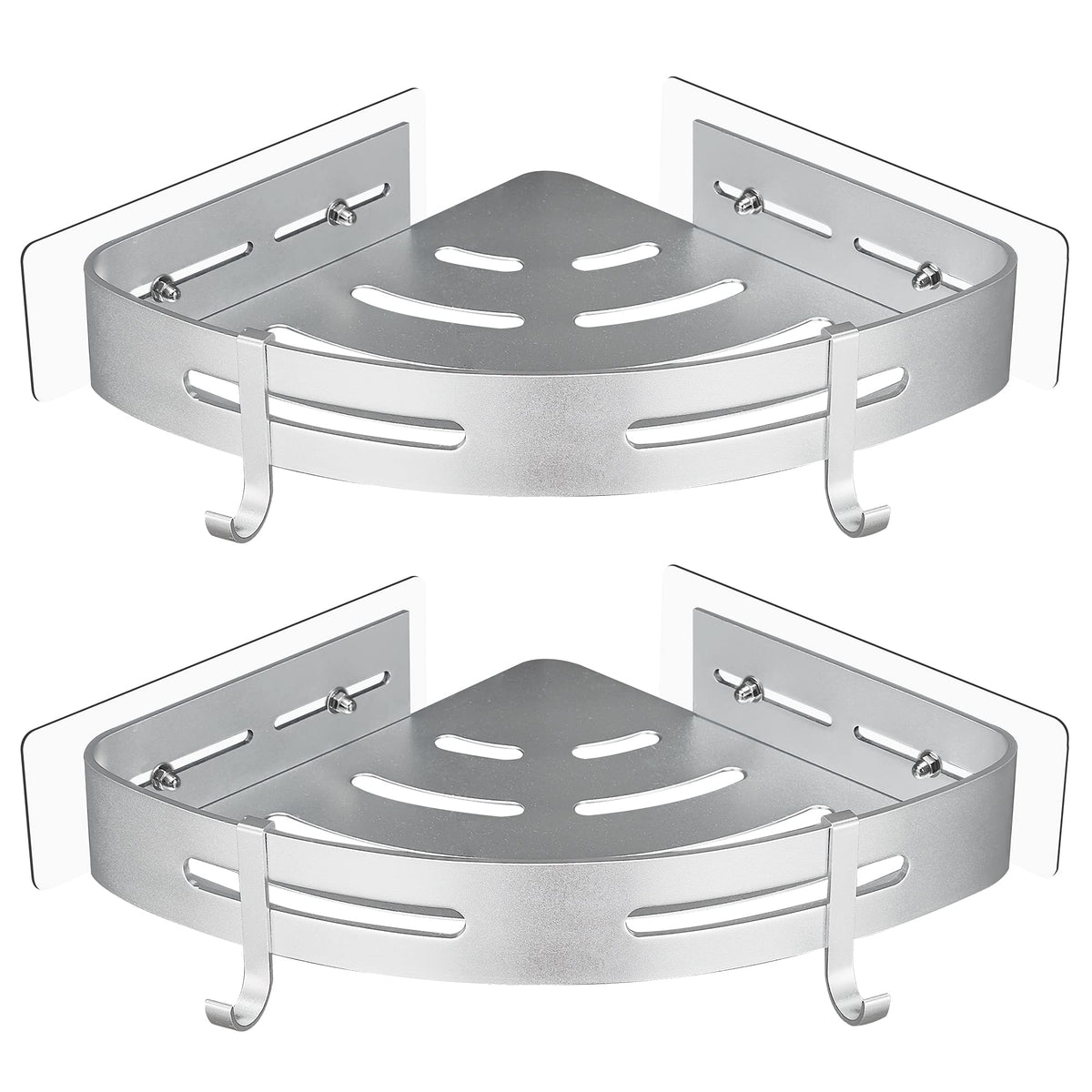 GRICOL Corner Shower Shelf No Drilling Metal with 2 Hooks for Shower Holder Rust Proof Self Adhesive Bathroom Items (Silver)
