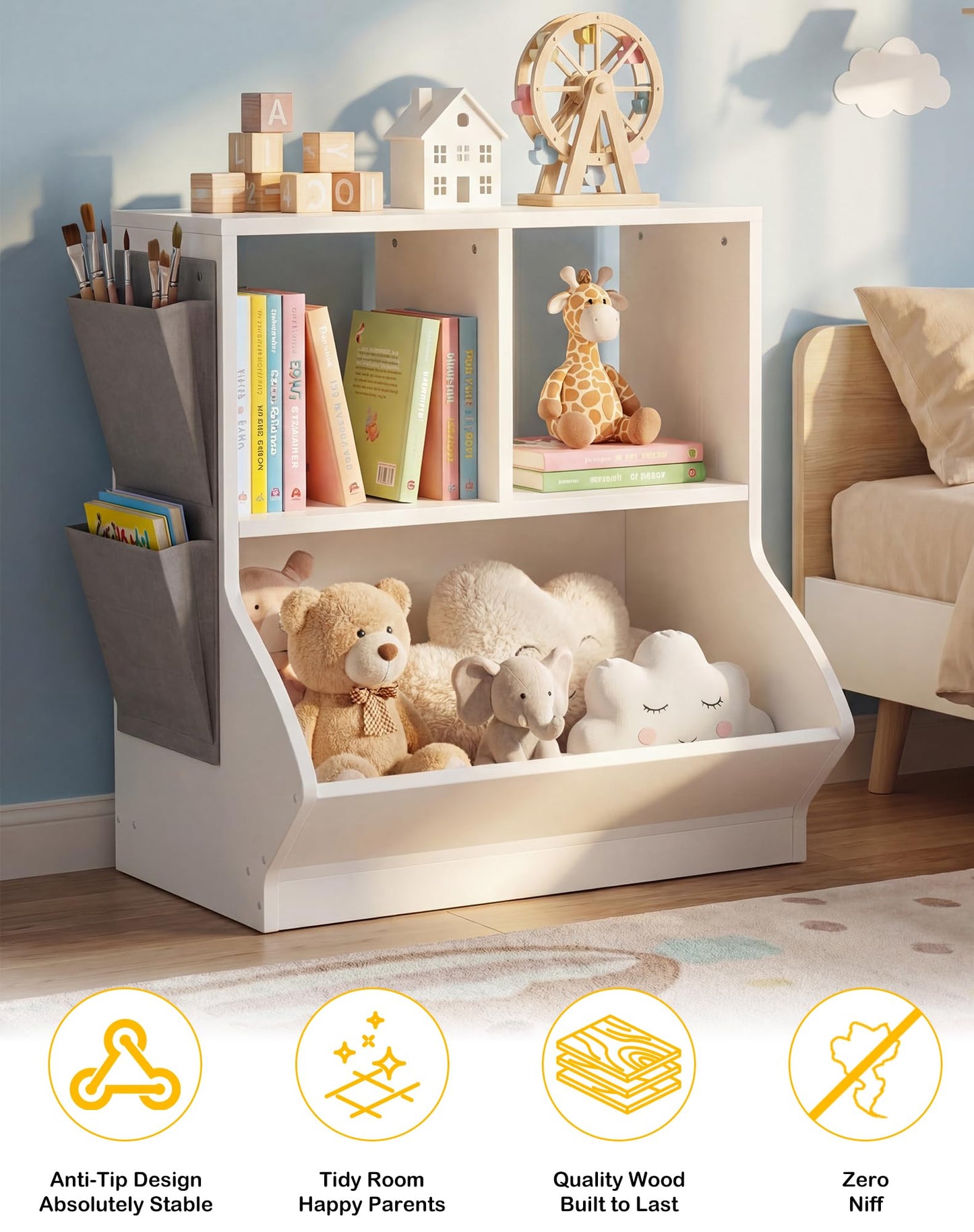 iSunirm Kids Bookshelf with Toy Storage, White Wooden Children's Bookcase and Toy Organiser for Kids Room, Nursery and Playroom