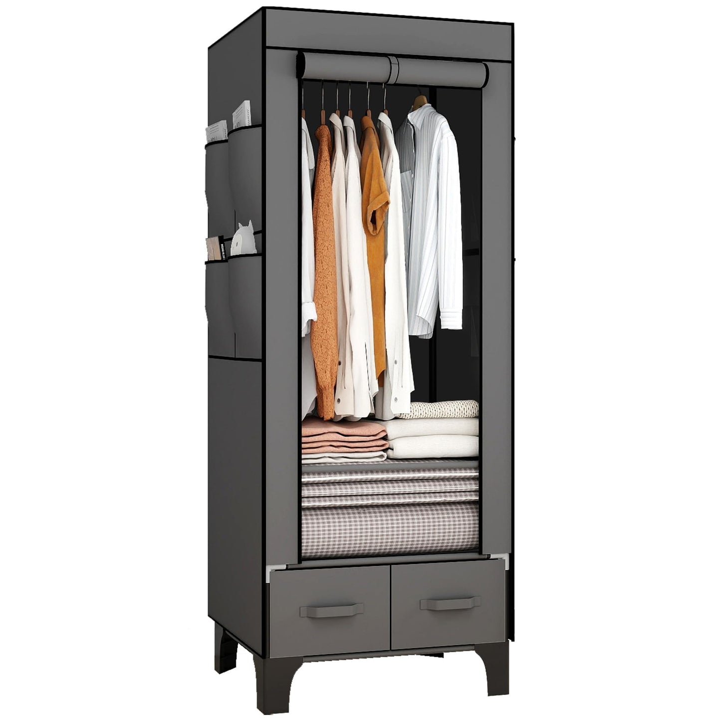 OPPAIYA Canvas Wardrobe, Temporary Wardrobes With Hanging Rails, 2 Shelves、8 Side Bags & 2 drawer