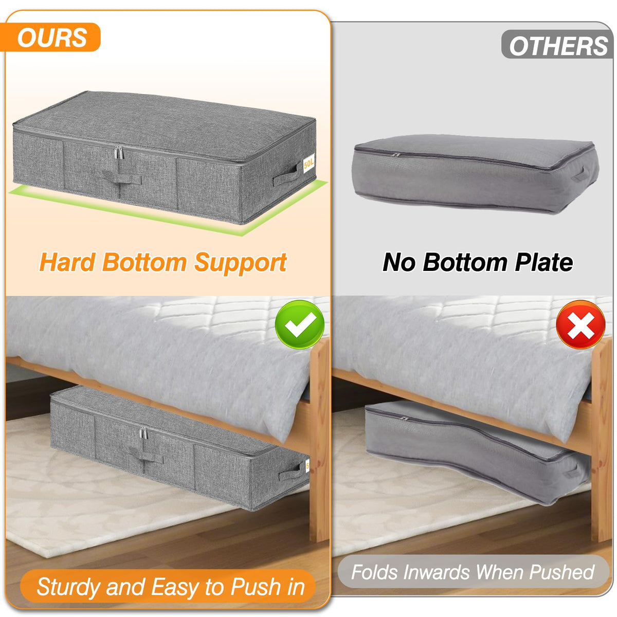 Under Bed Storage Box with Lids, 3 Pack Underbed Storage with Side & Bottom Support & 3 Handles, Large Foldable Fabric Under Bed Storage Bag with Zip