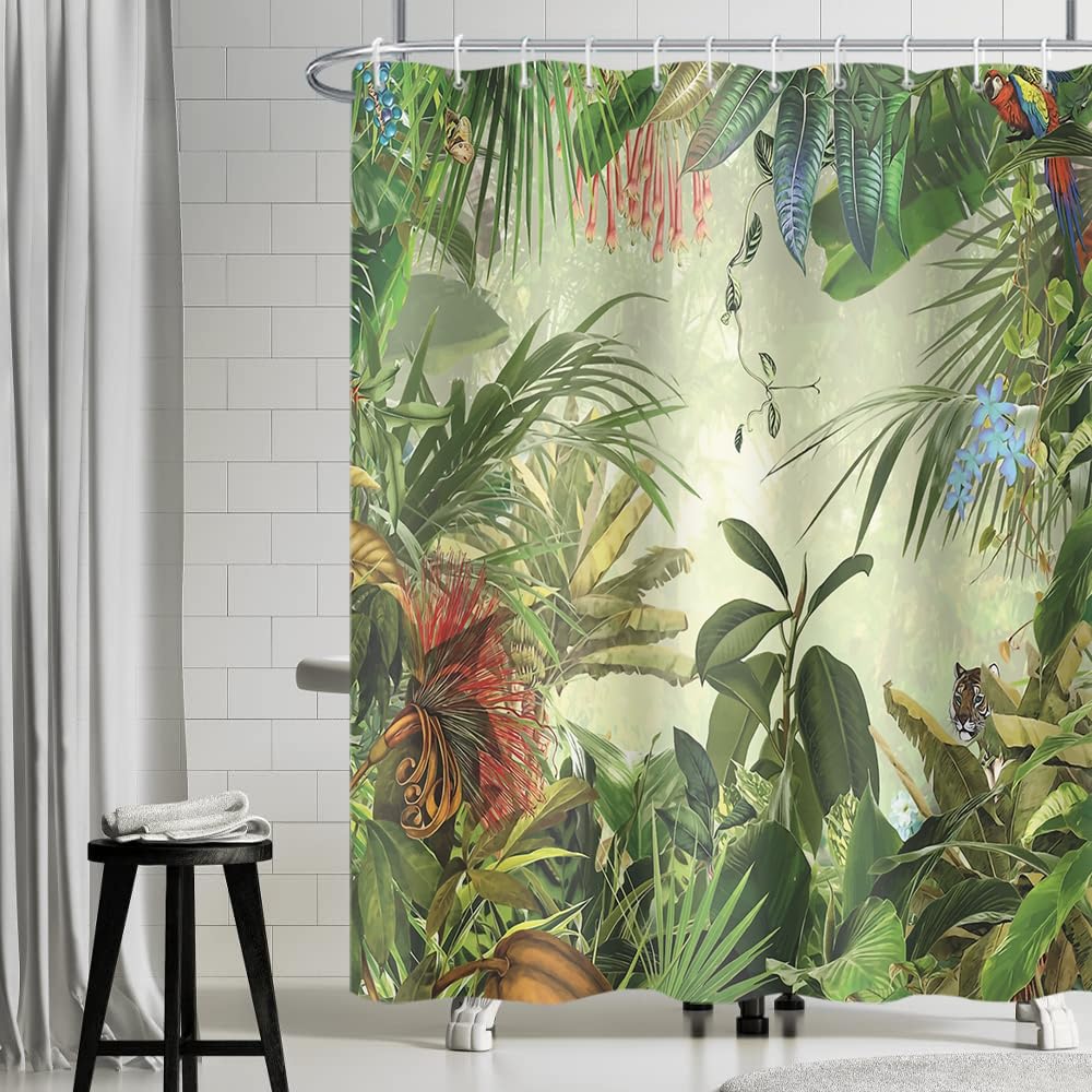 Uiiooazy Forest Shower Curtain, Green Tropical Palm Leaves Monstera Boho Bath Curtain Mildew and Mould Proof Waterproof Polyester Fabric Opaque