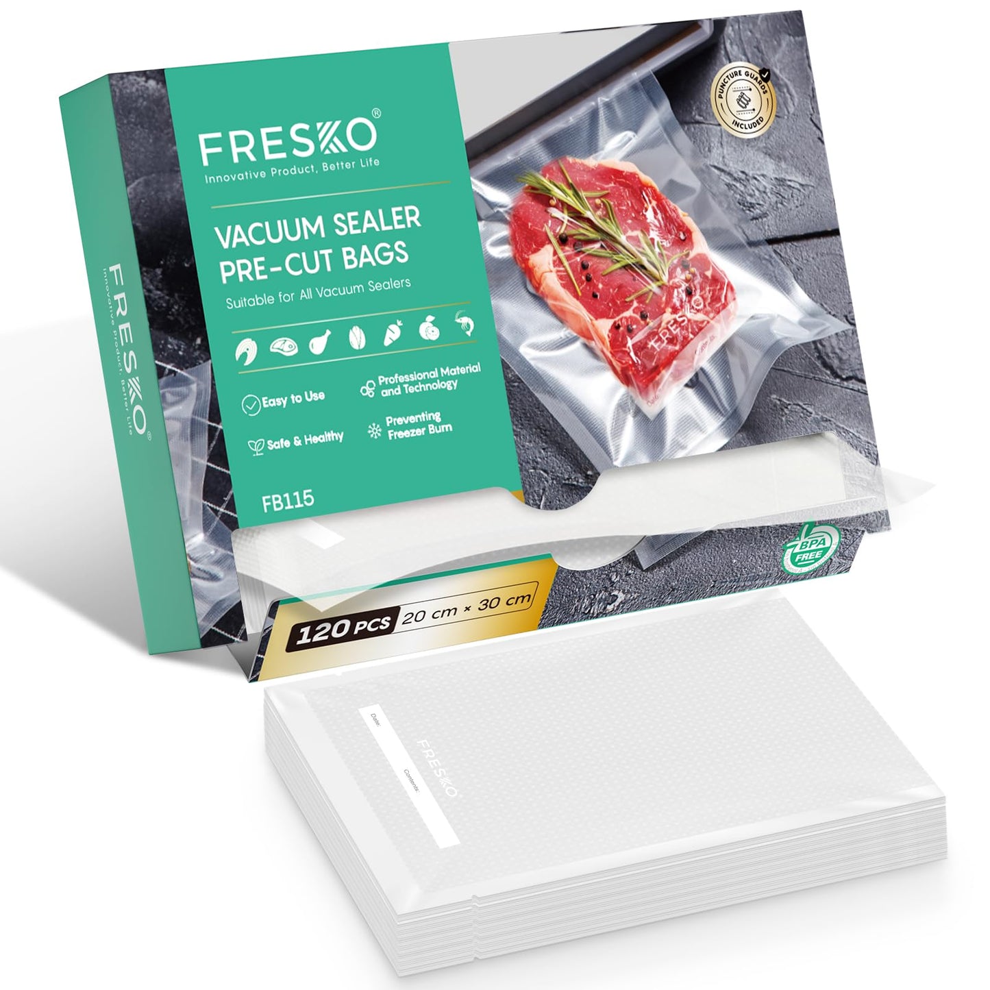 FRESKO Vacuum Sealer Bags 20x30cm 120 Count,Textured Vacuum Food Sealer Bag,Thick Embossed PreCut Bags | BPA Free | for Sous Vide Cooking and Food