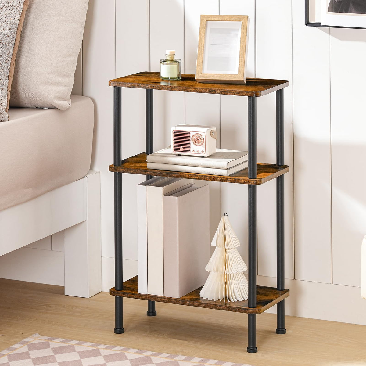 HOOBRO 3-Tier Slim Side Table, Narrow Sofa Table, Industrial Bedside Table for Small Space, Counter-Twist Assembly, No Tools Needed, for Living Room